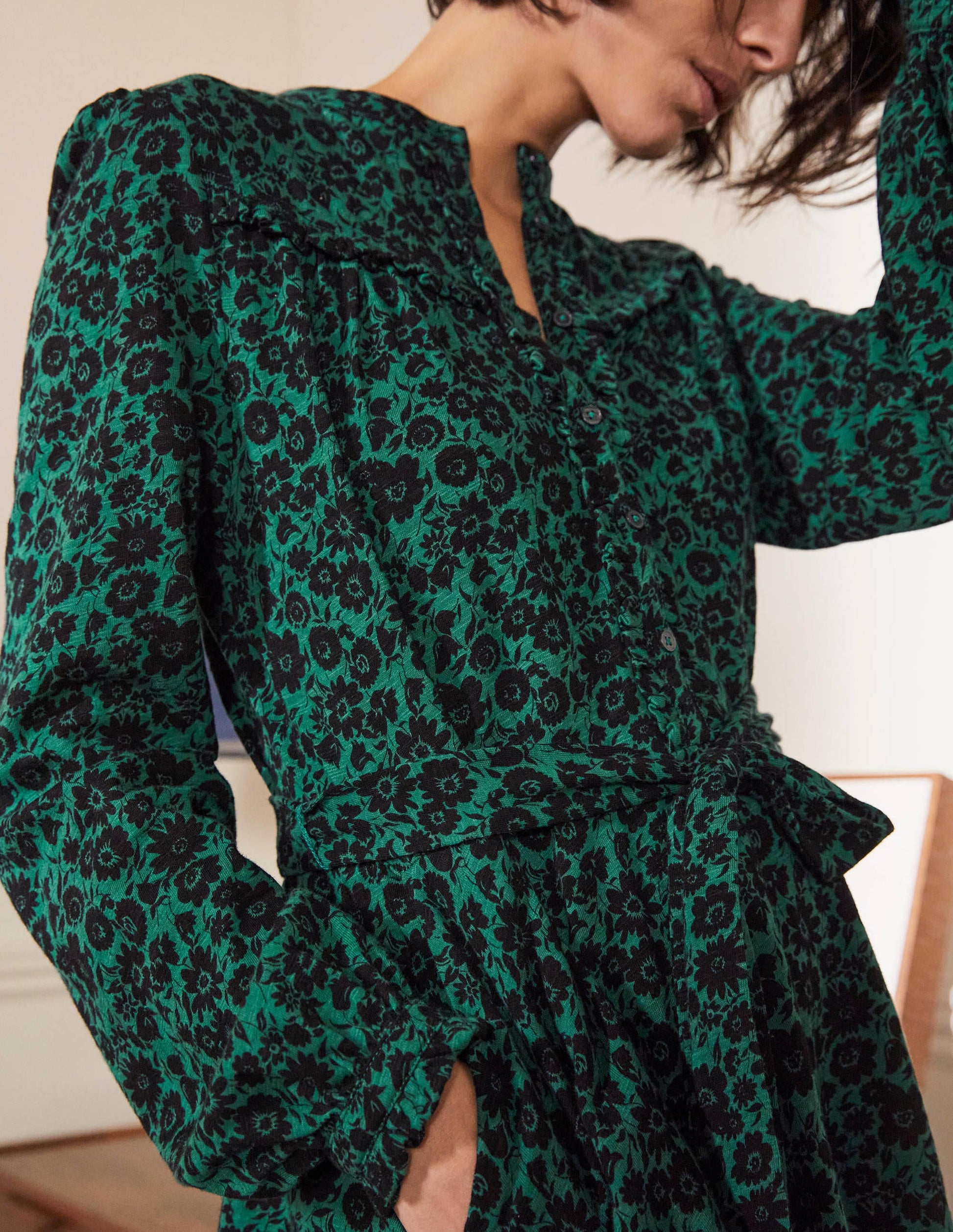 Ruffle Button Mini Dress-Deep Forest, Elegant Bloom-2