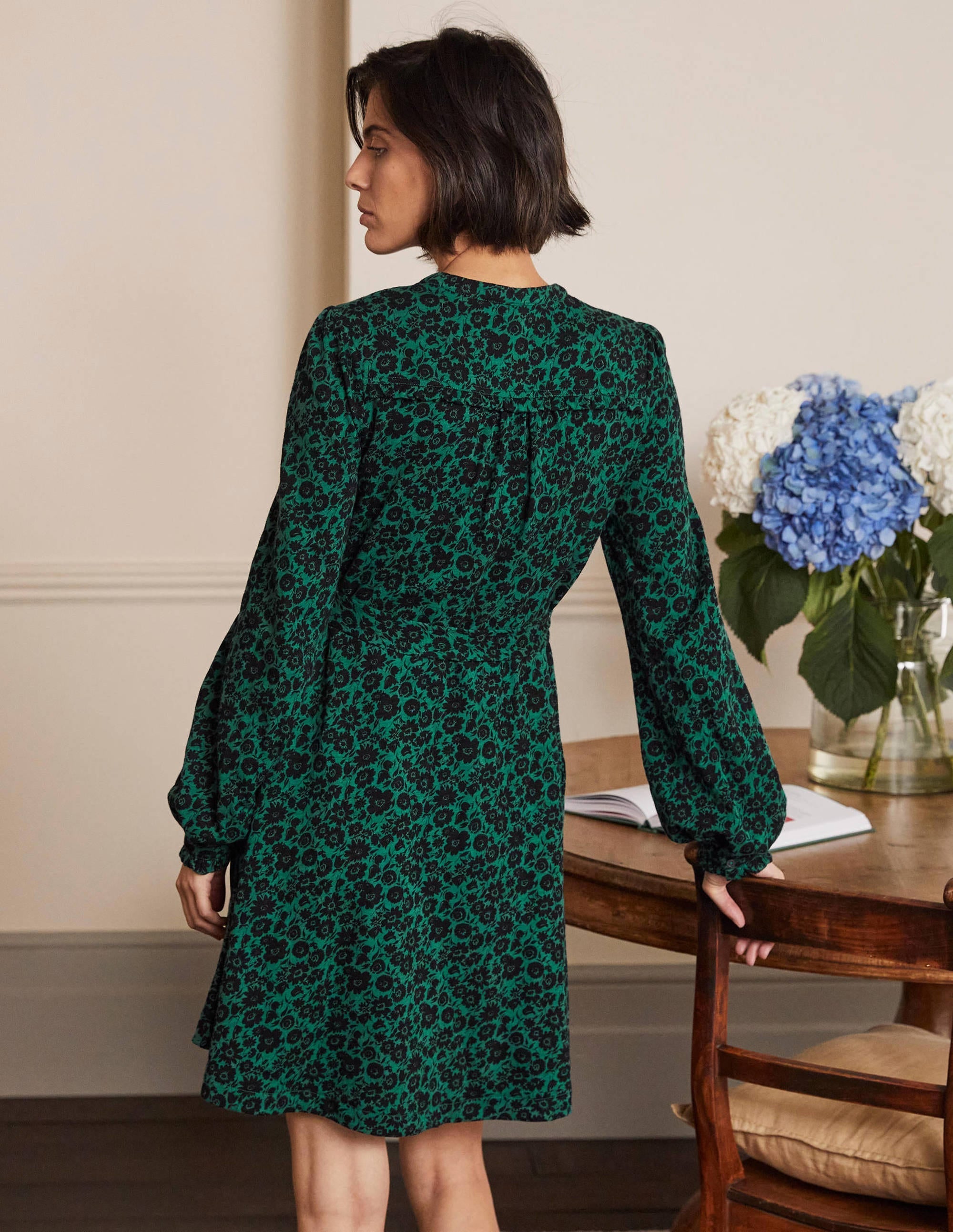 Ruffle Button Mini Dress-Deep Forest, Elegant Bloom - Image 3
