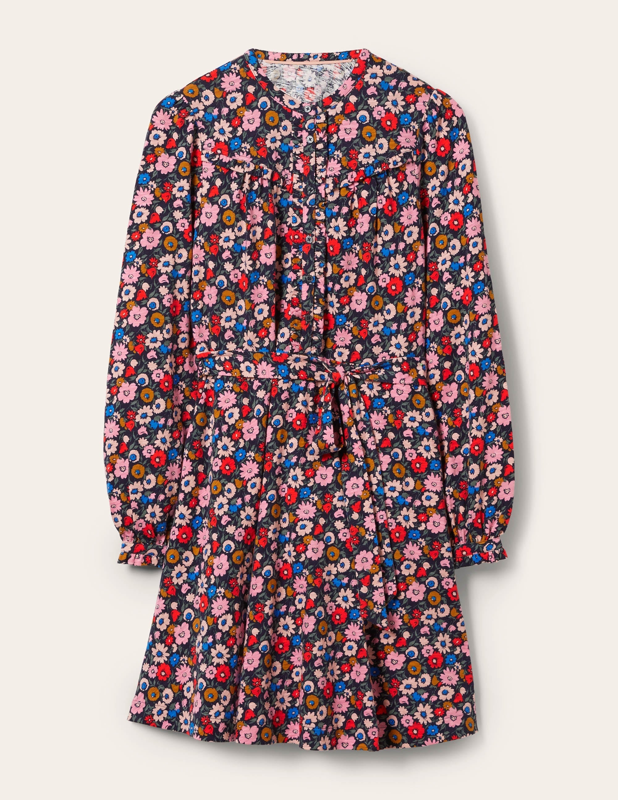 Ruffle Button Mini Dress-French Navy, Elegant Bloom - Image 5
