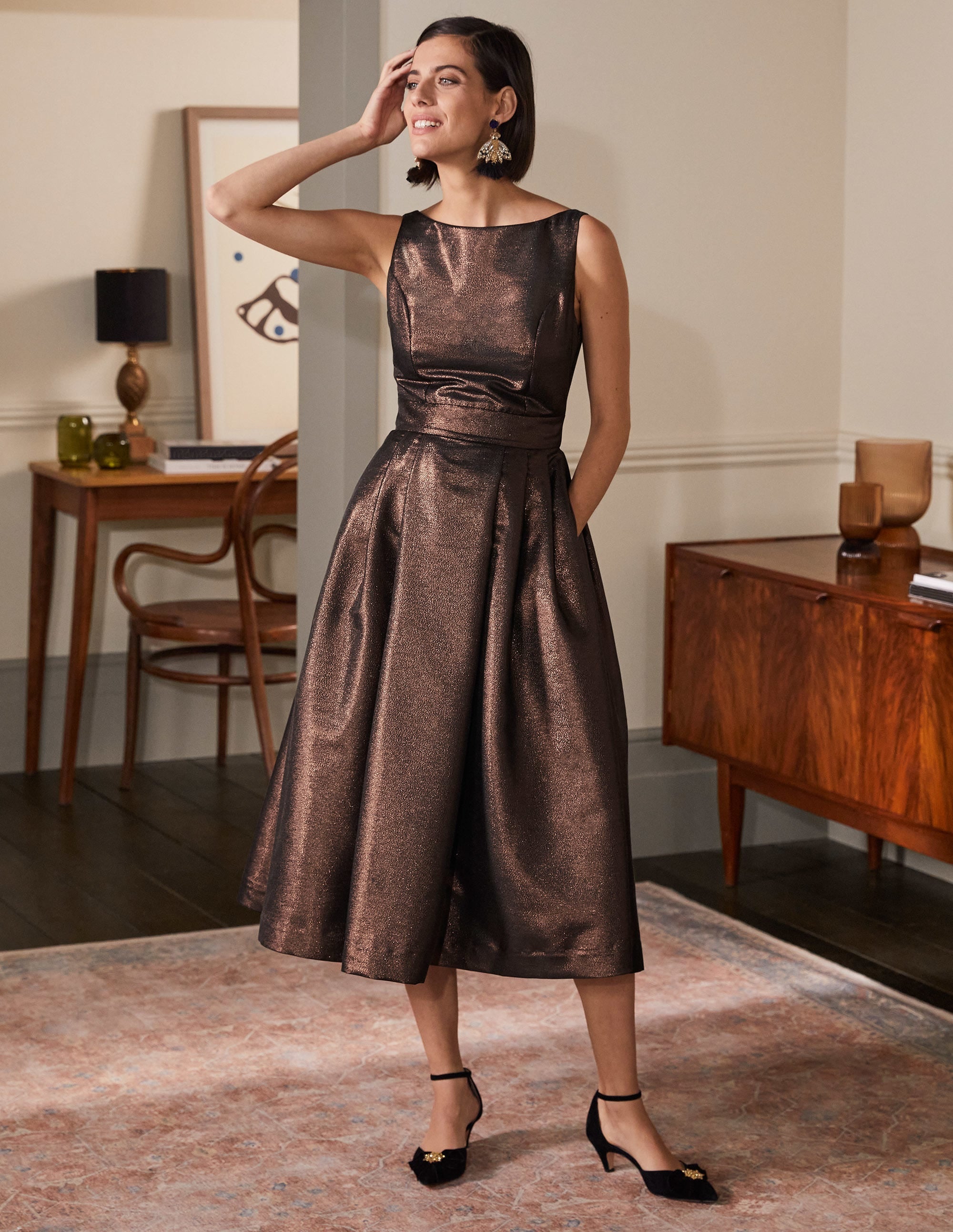 Scoop Back Fit and Flare Dress-Bronze Lurex - Image 1