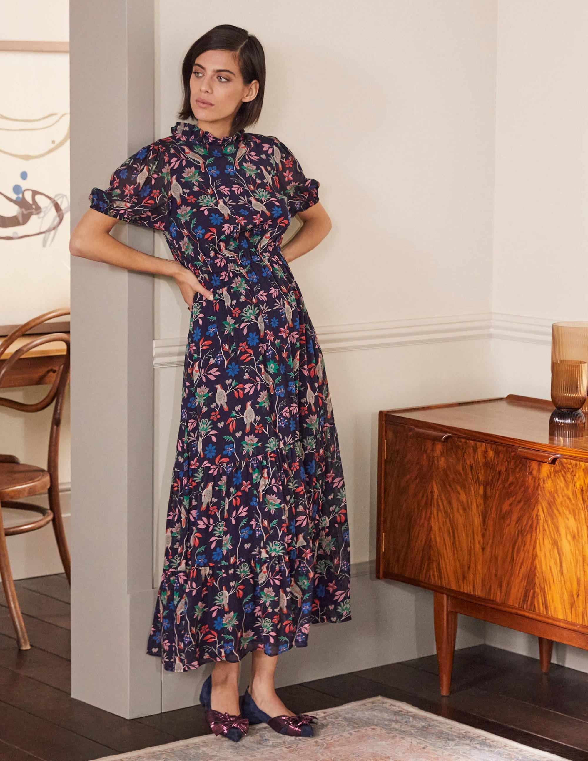 Puff Sleeve Tiered Dress-Navy, Berry Bird - Image 1