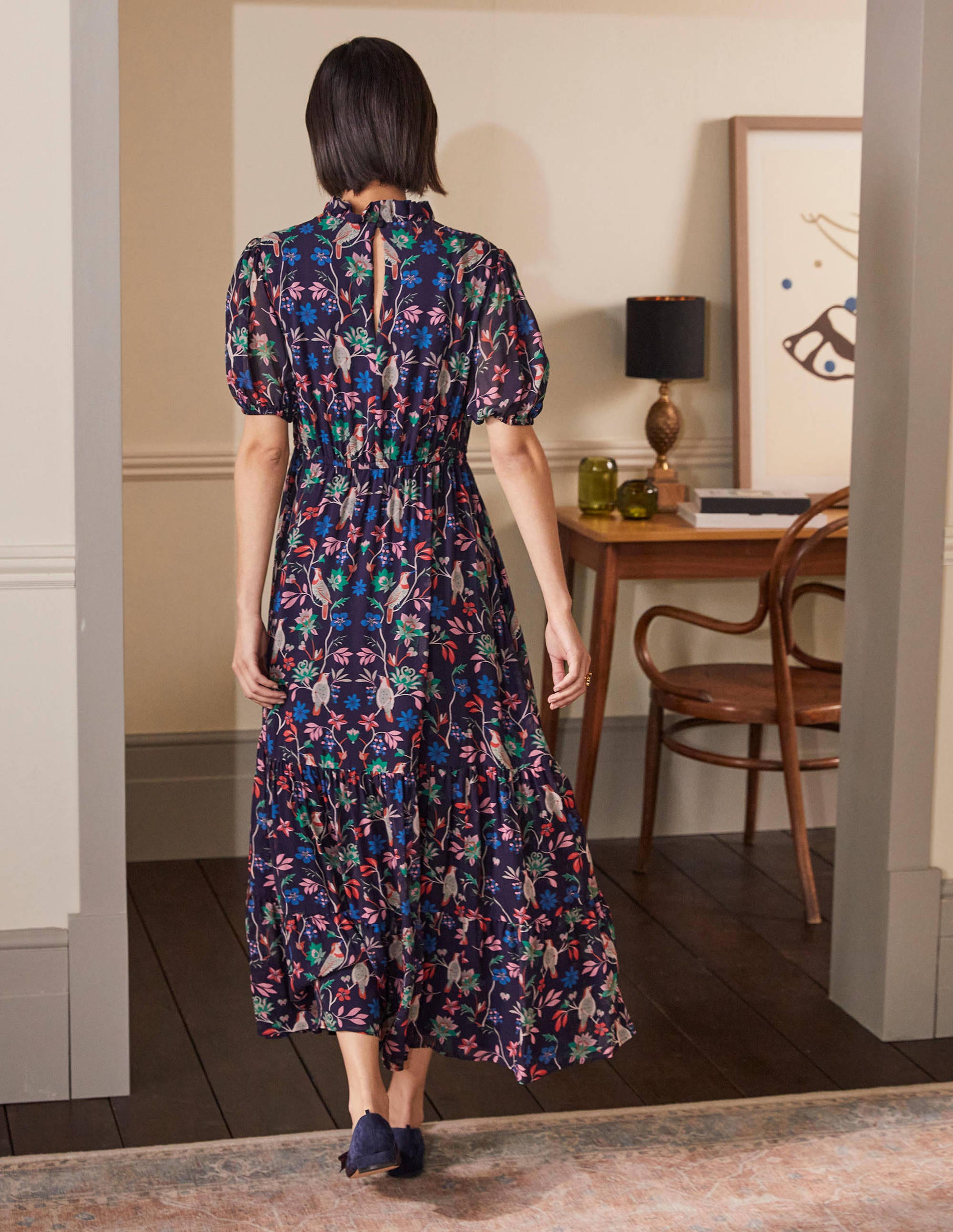 Puff Sleeve Tiered Dress-Navy, Berry Bird - Image 3