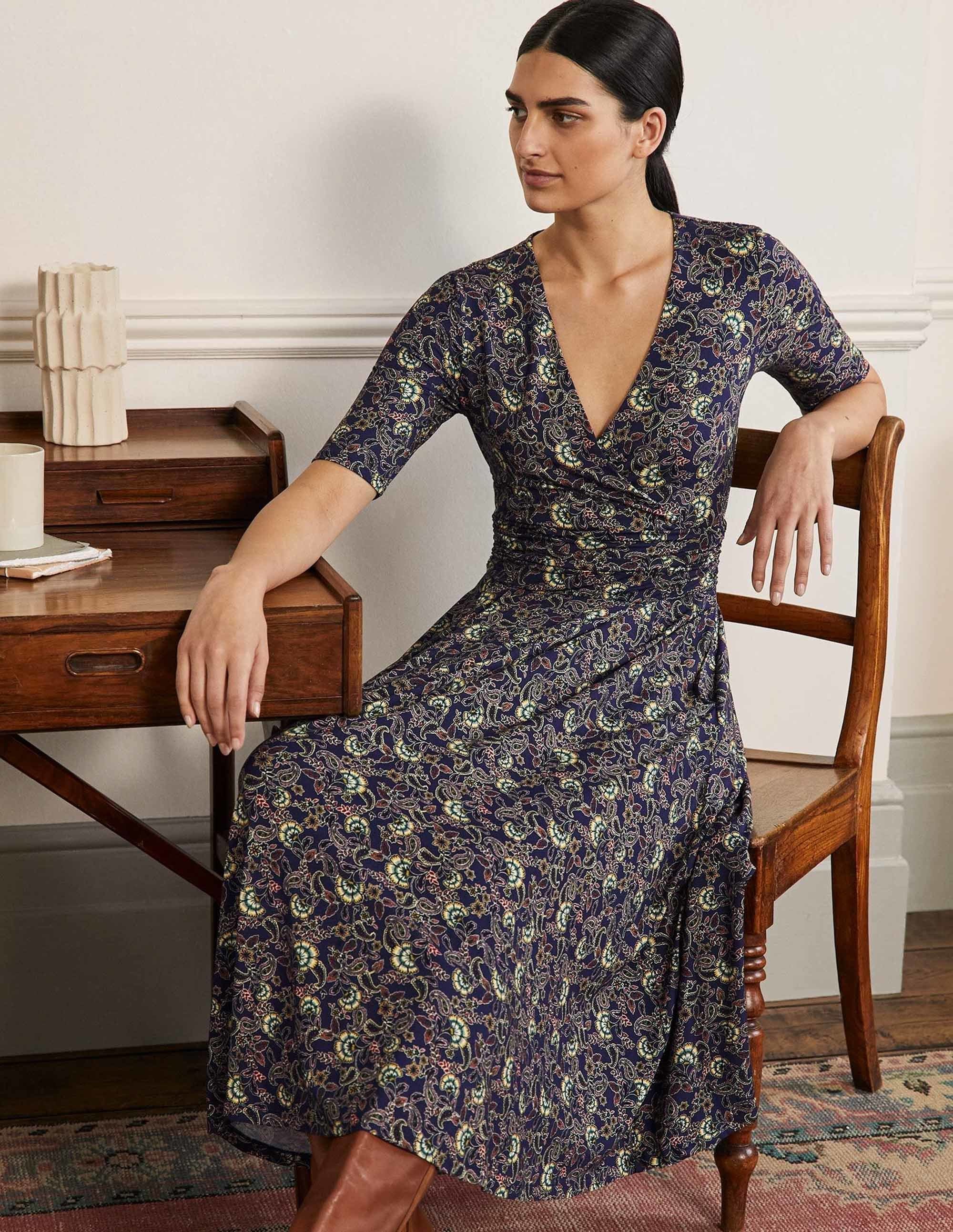 Ruched Waist Jersey Midi Dress-French Navy, Exotic Floral - Image 1