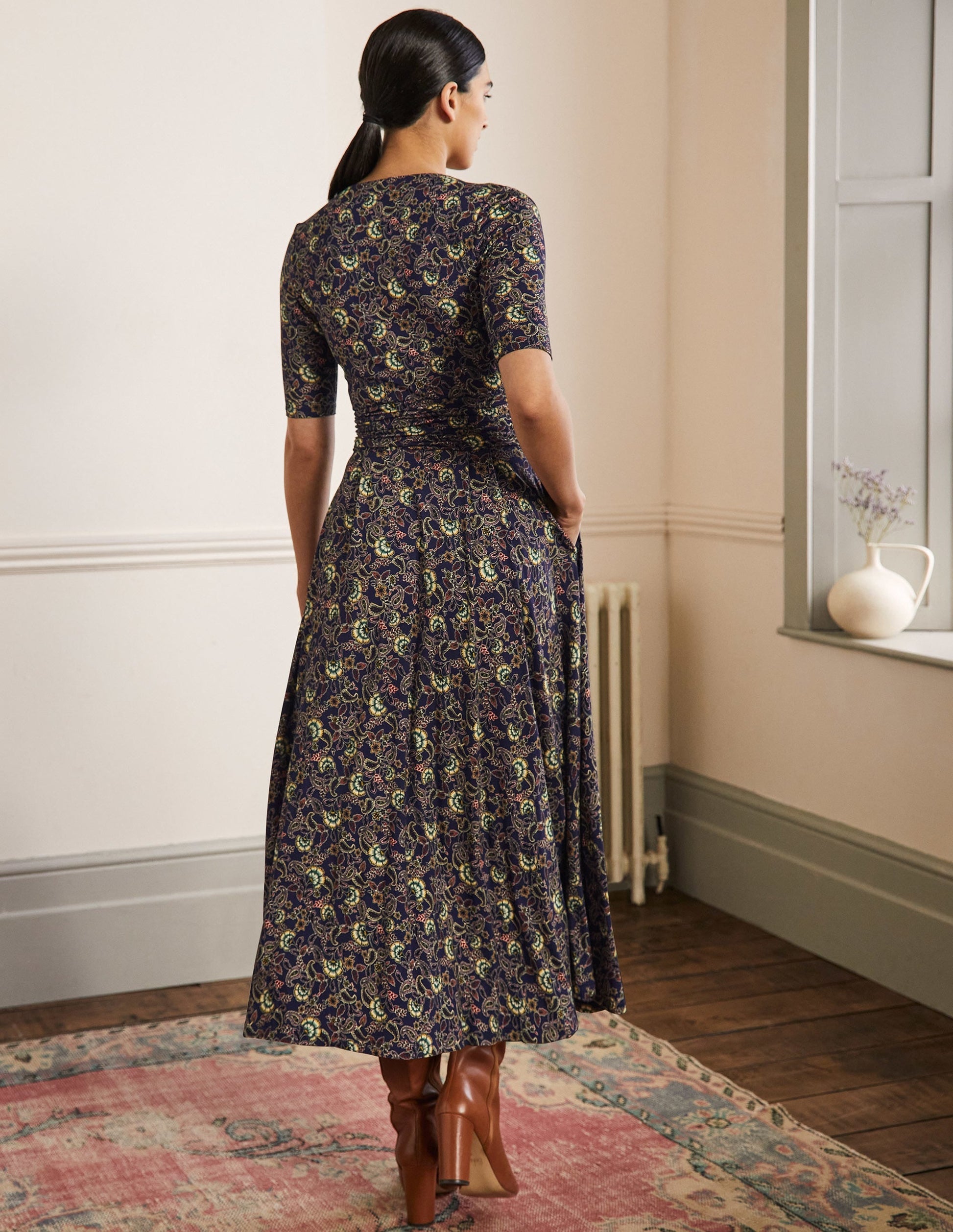 Ruched Waist Jersey Midi Dress-French Navy, Exotic Floral-3