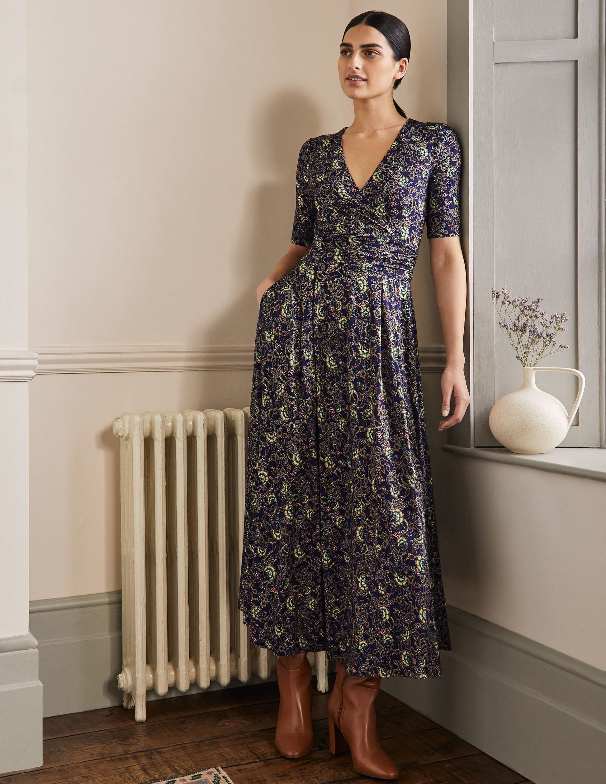Ruched Waist Jersey Midi Dress-French Navy, Exotic Floral-4