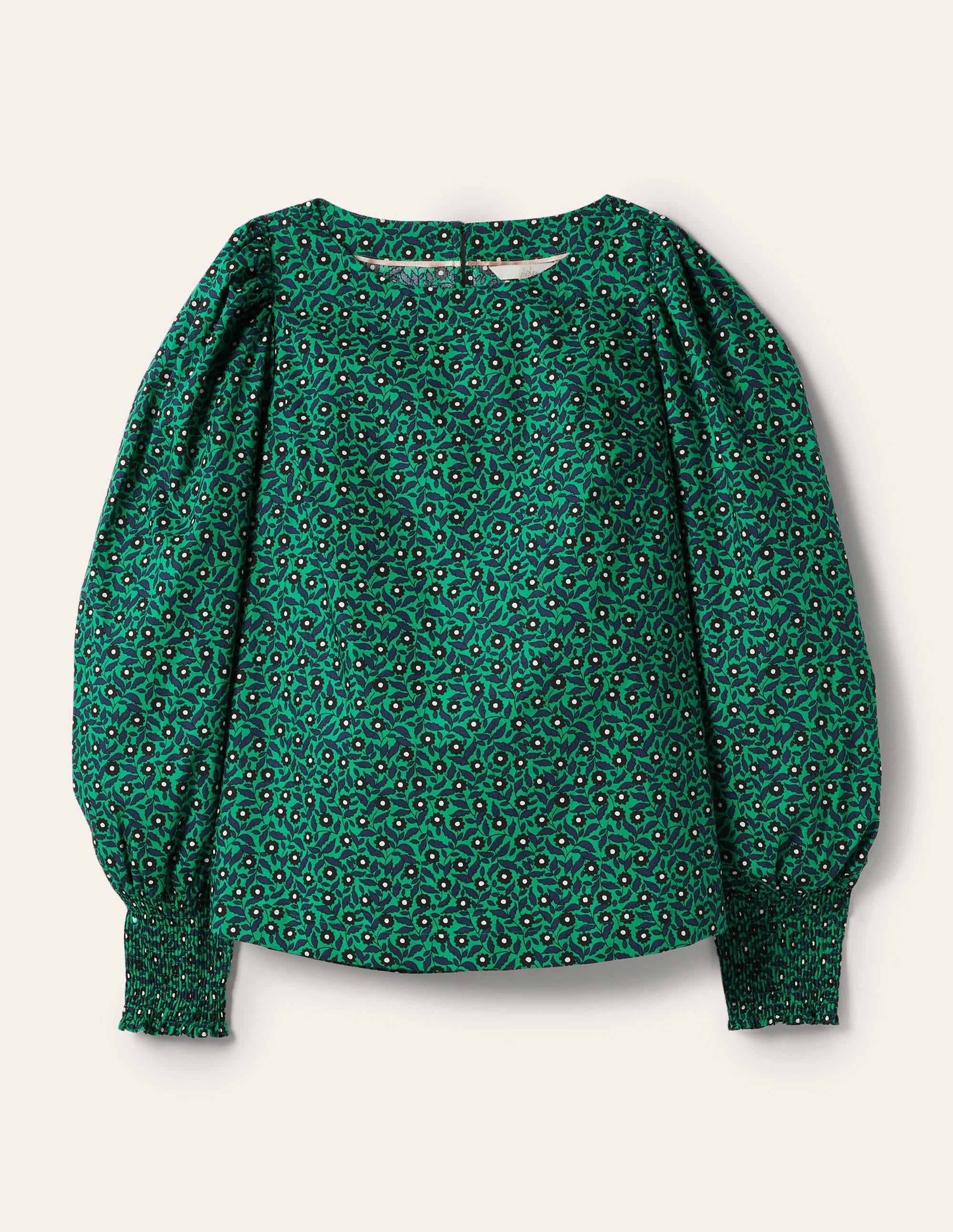 Smocked Cuff Cotton Top-Highland Green, Rambling Ditsy - Image 4