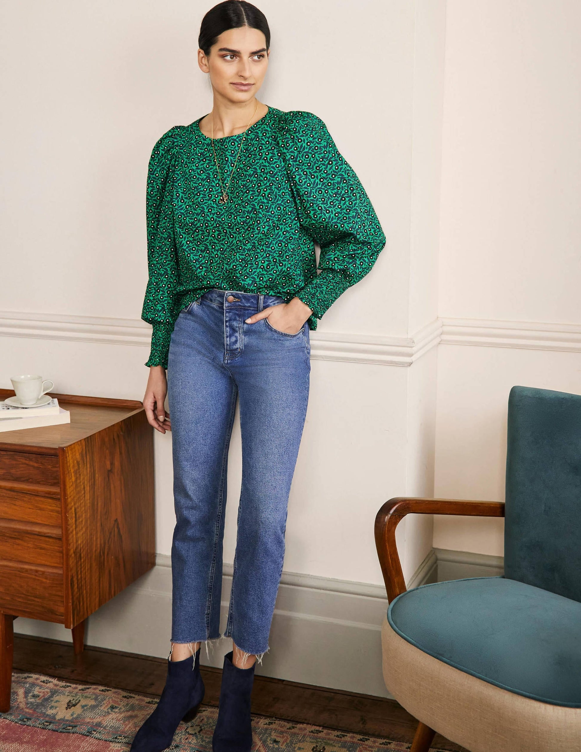 Smocked Cuff Cotton Top-Highland Green, Rambling Ditsy-3