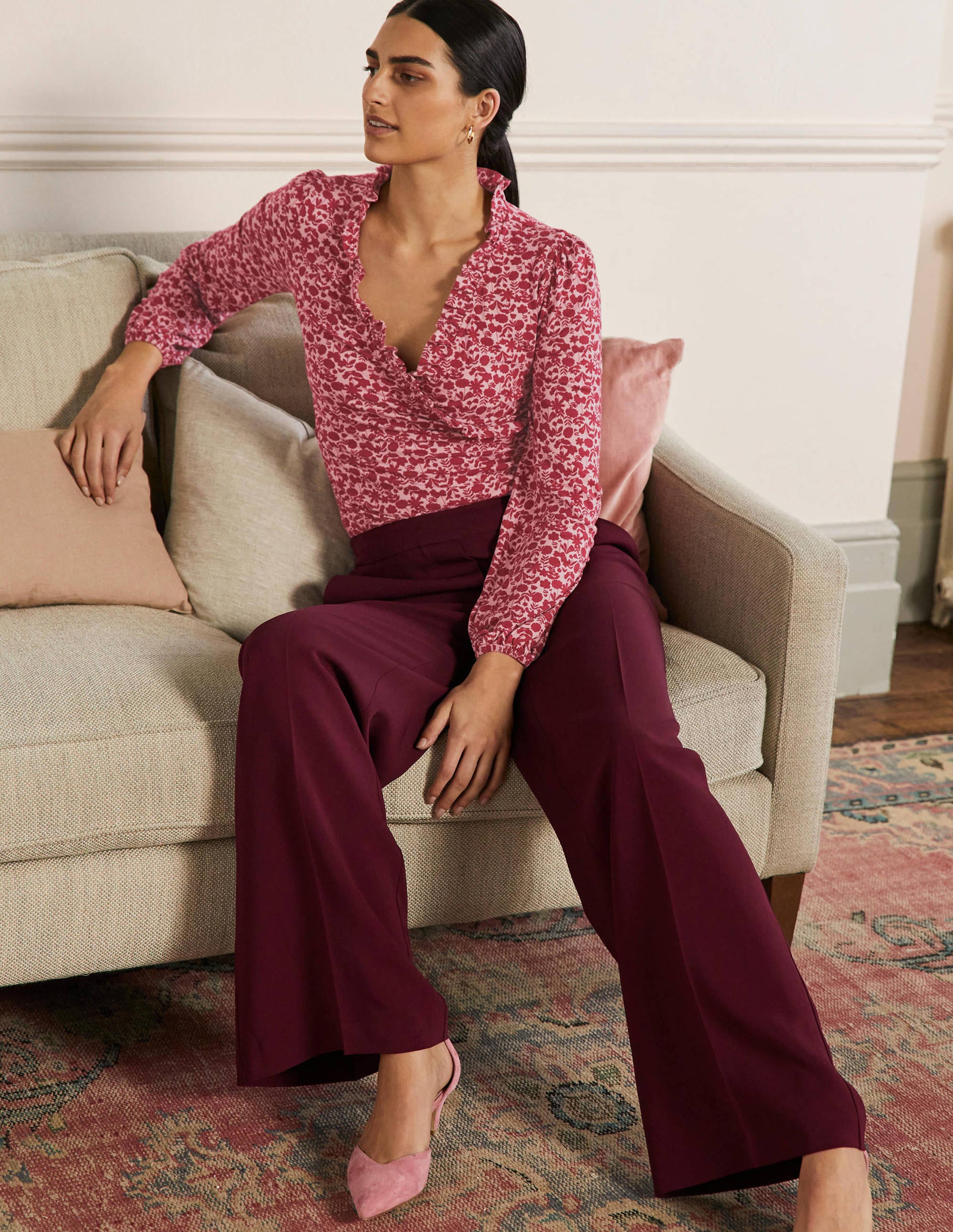 Frill Neck Blouson Wrap Top-Winterberry, Flora Bloom - Image 4