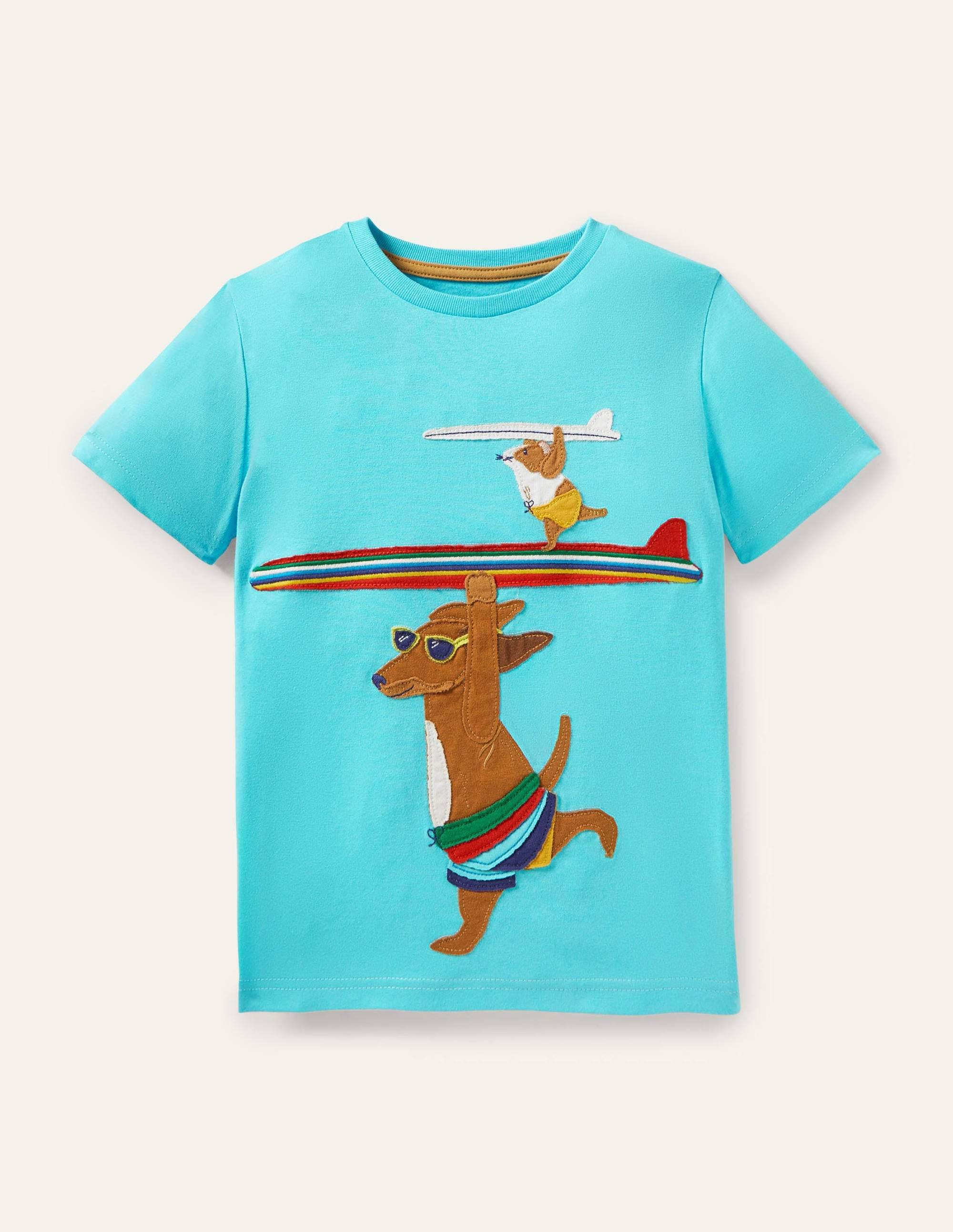 Beach Appliqué T-shirt-Turquoise Blue Surfing Dog - Image 1