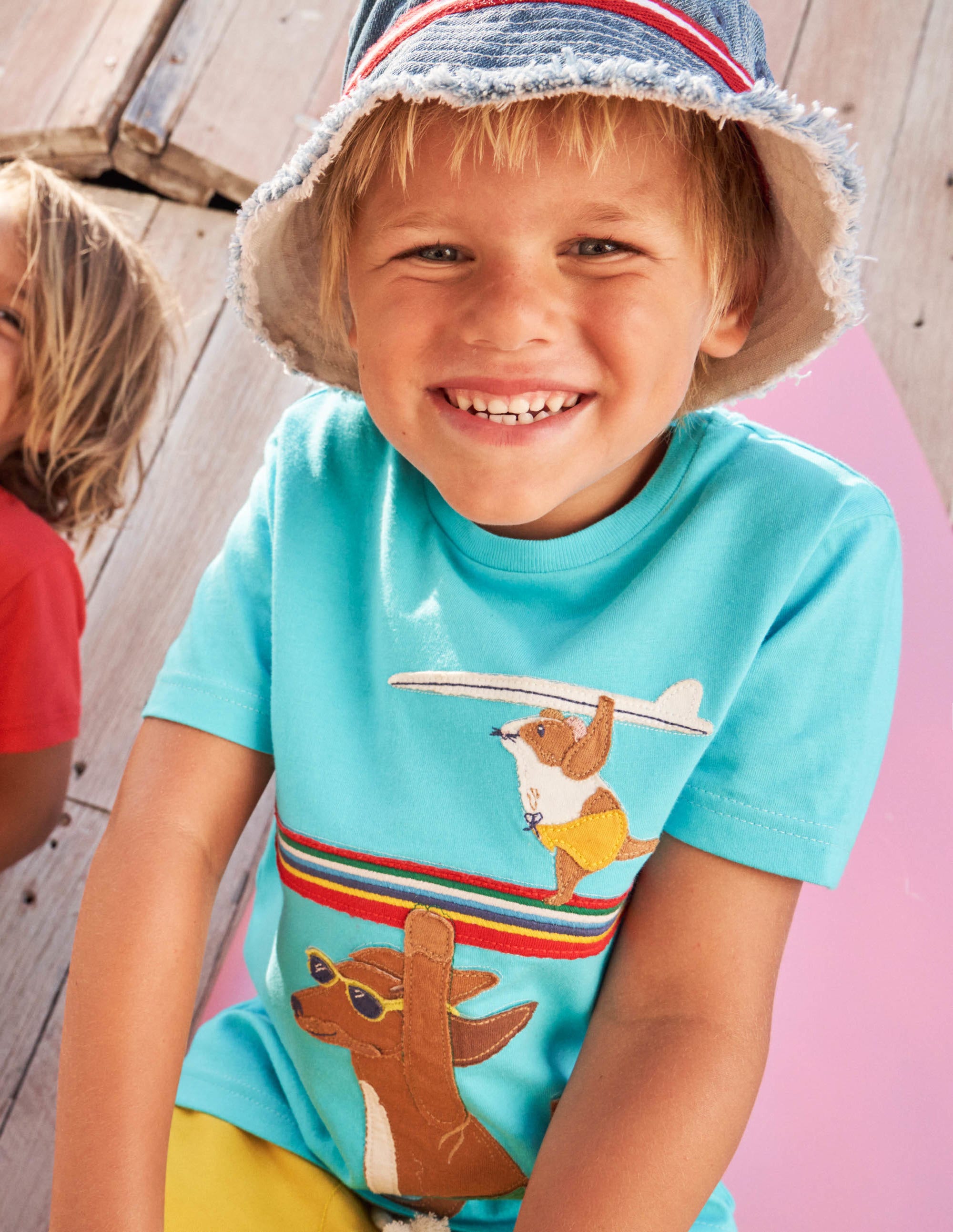 Beach Appliqué T-shirt-Turquoise Blue Surfing Dog - Image 4