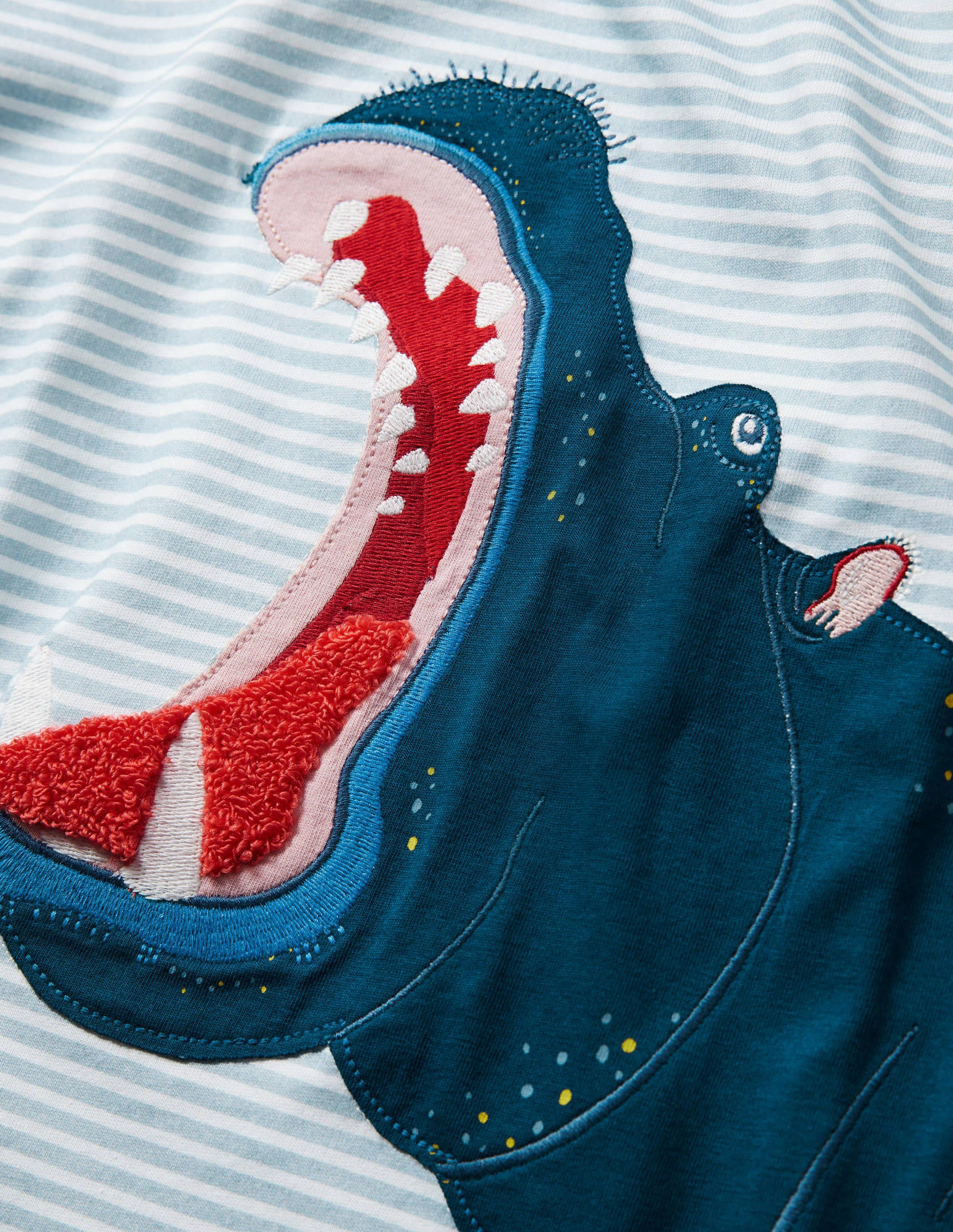 Stripy Animal Appliqué T-shirt-Coastal Blue Hippo - Image 3