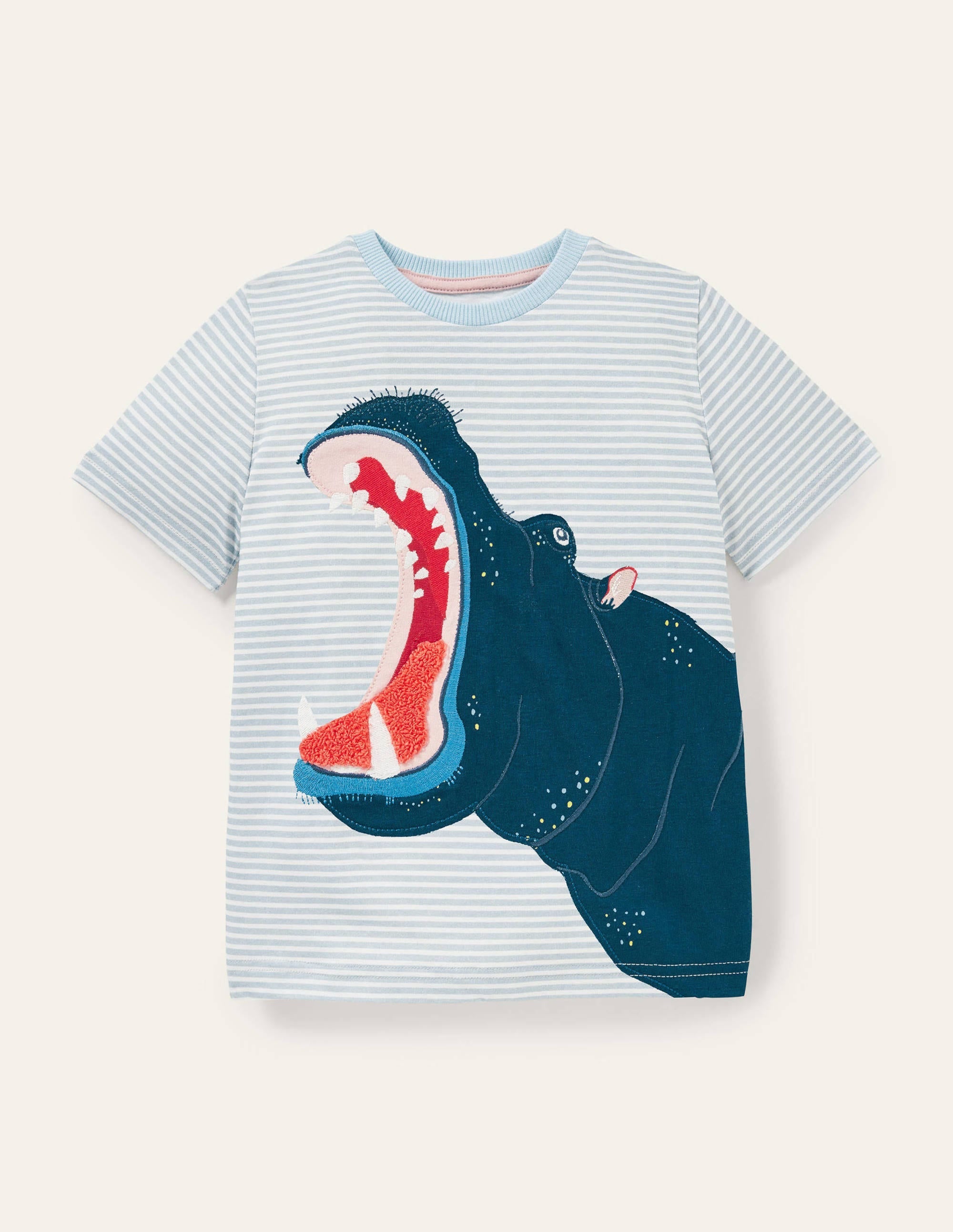 Stripy Animal Appliqué T-shirt-Coastal Blue Hippo - Image 1