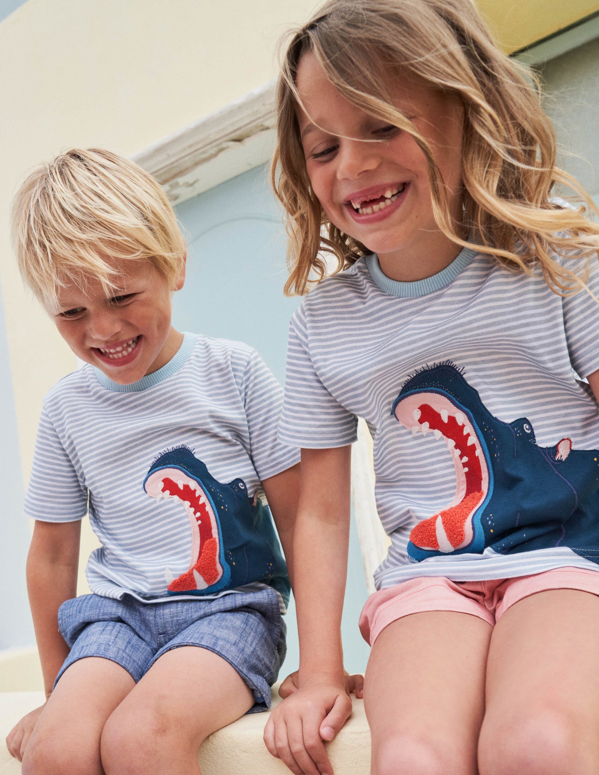 Stripy Animal Appliqué T-shirt-Coastal Blue Hippo - Image 4