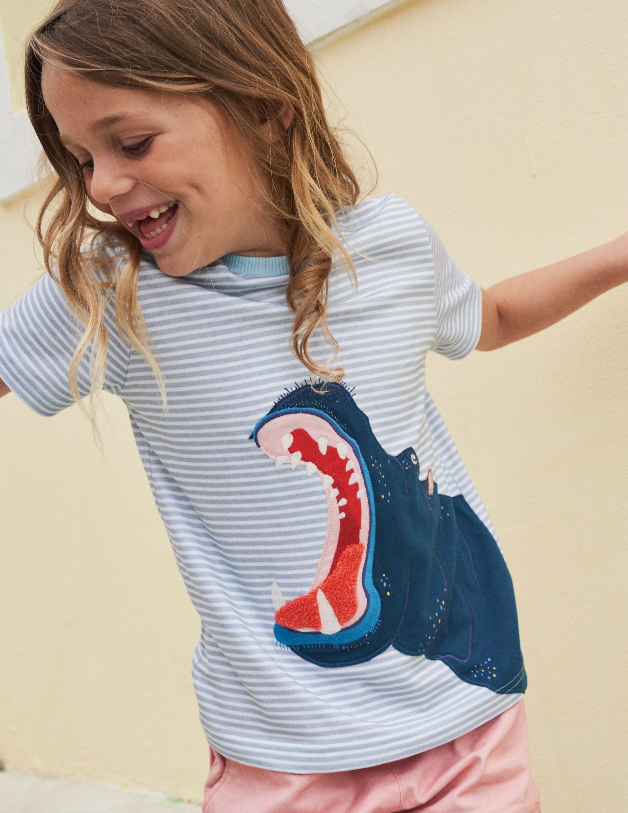 Stripy Animal Appliqué T-shirt-Coastal Blue Hippo - Image 5
