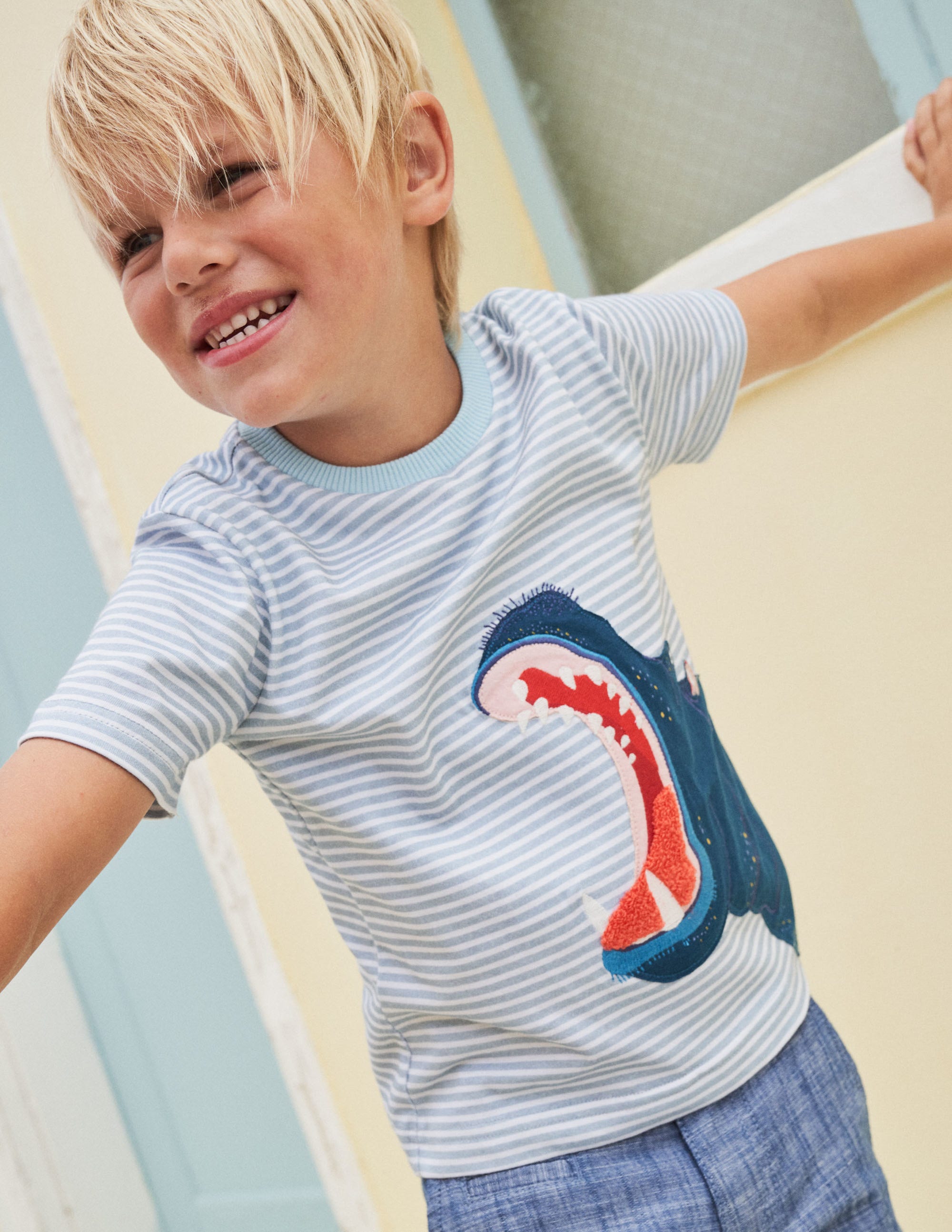 Stripy Animal Appliqué T-shirt-Coastal Blue Hippo - Image 6