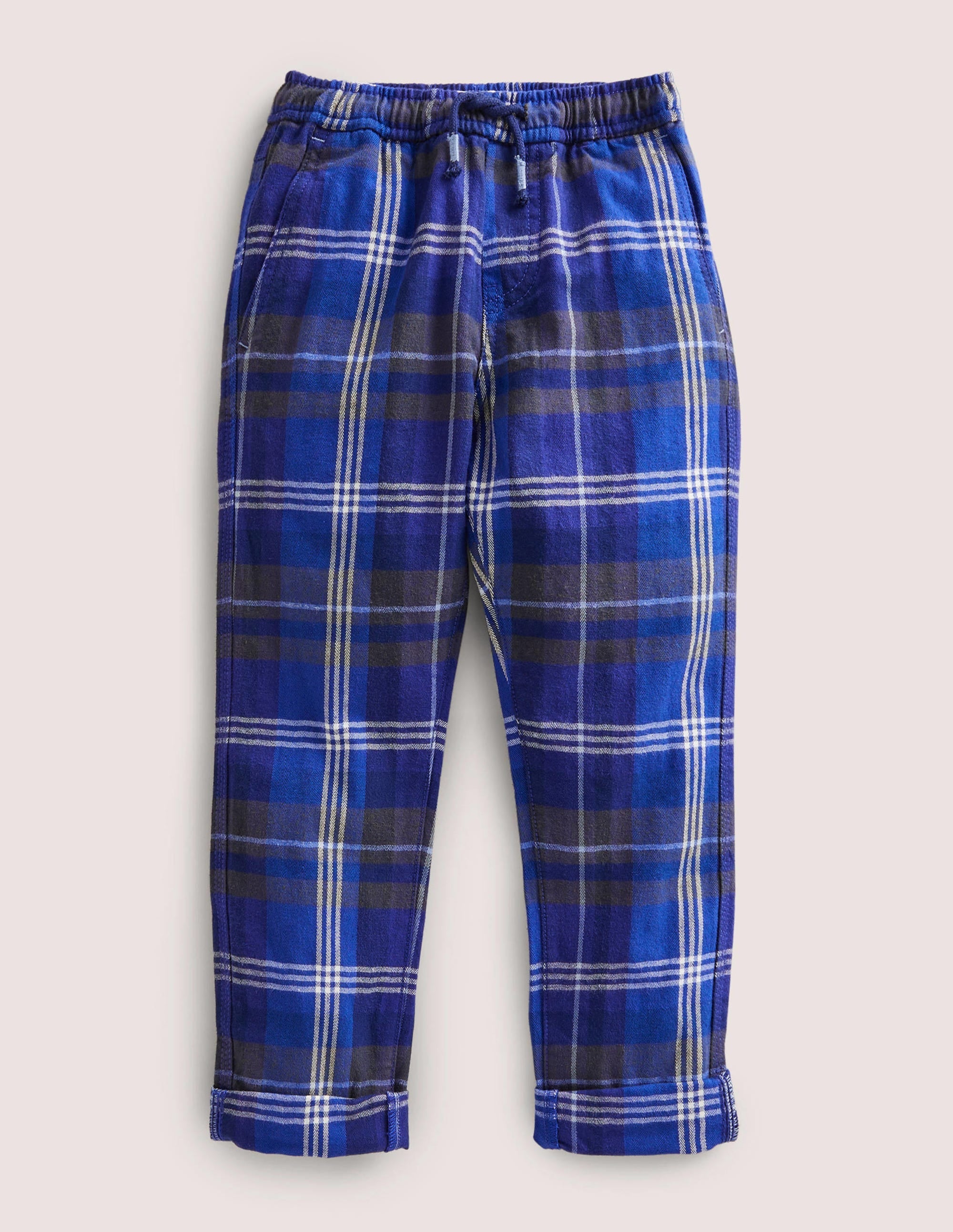 Relaxed Slim Pull-on Trousers-Blues/Green Check - Image 1