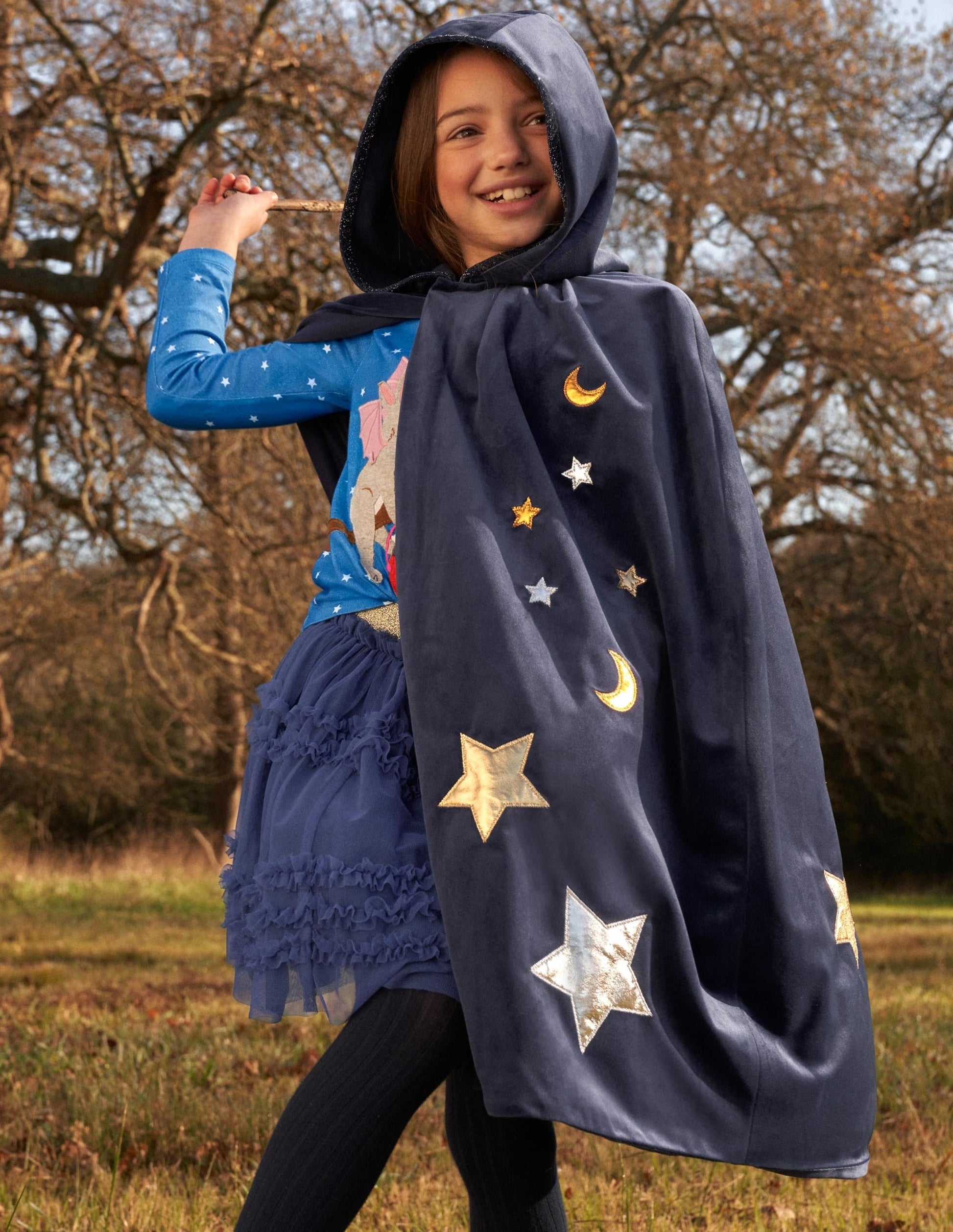 Navy Embroidered Stars Velvet Halloween Cape-College Navy-6