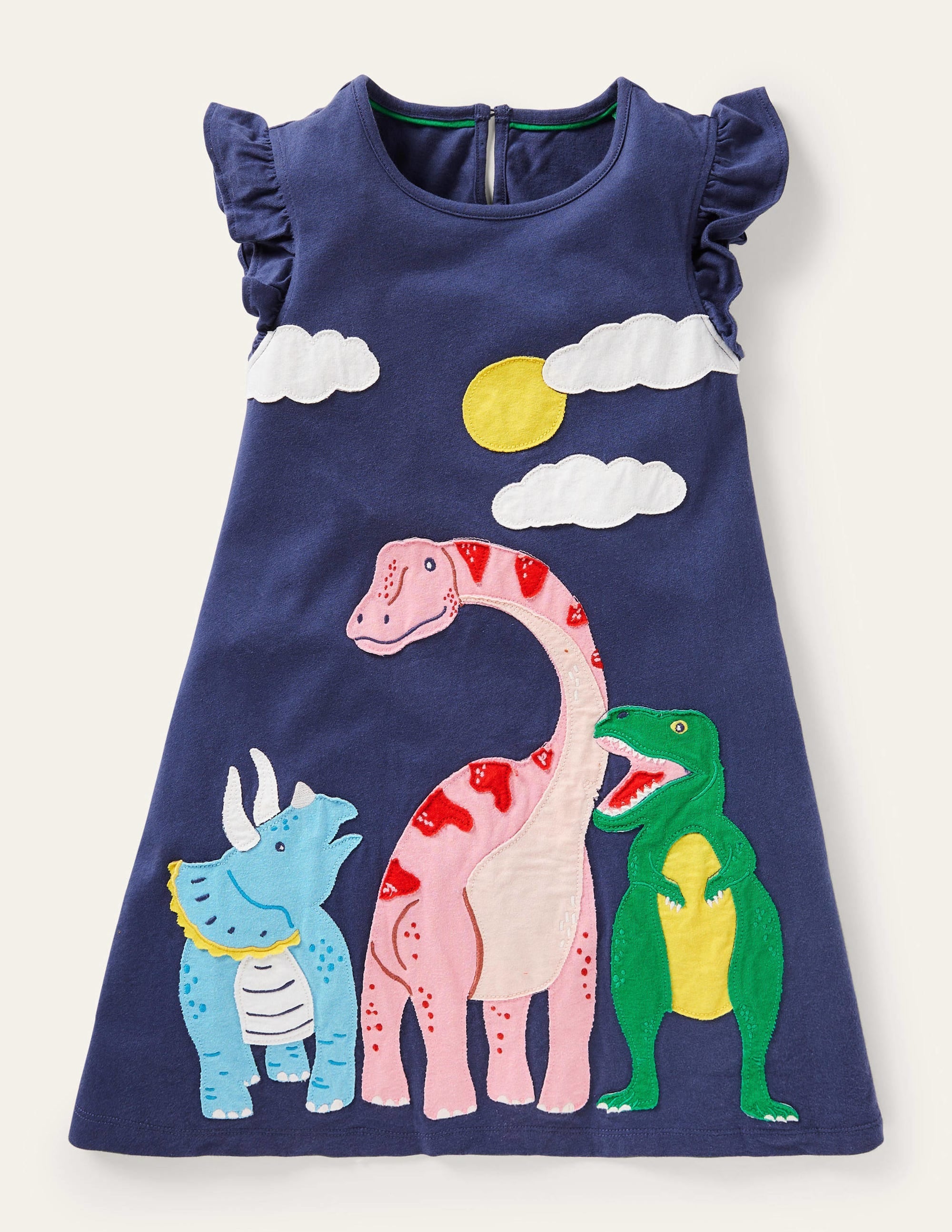 Frill Sleeve Appliqué Dress-Starboard Navy Dinosaurs - Image 1