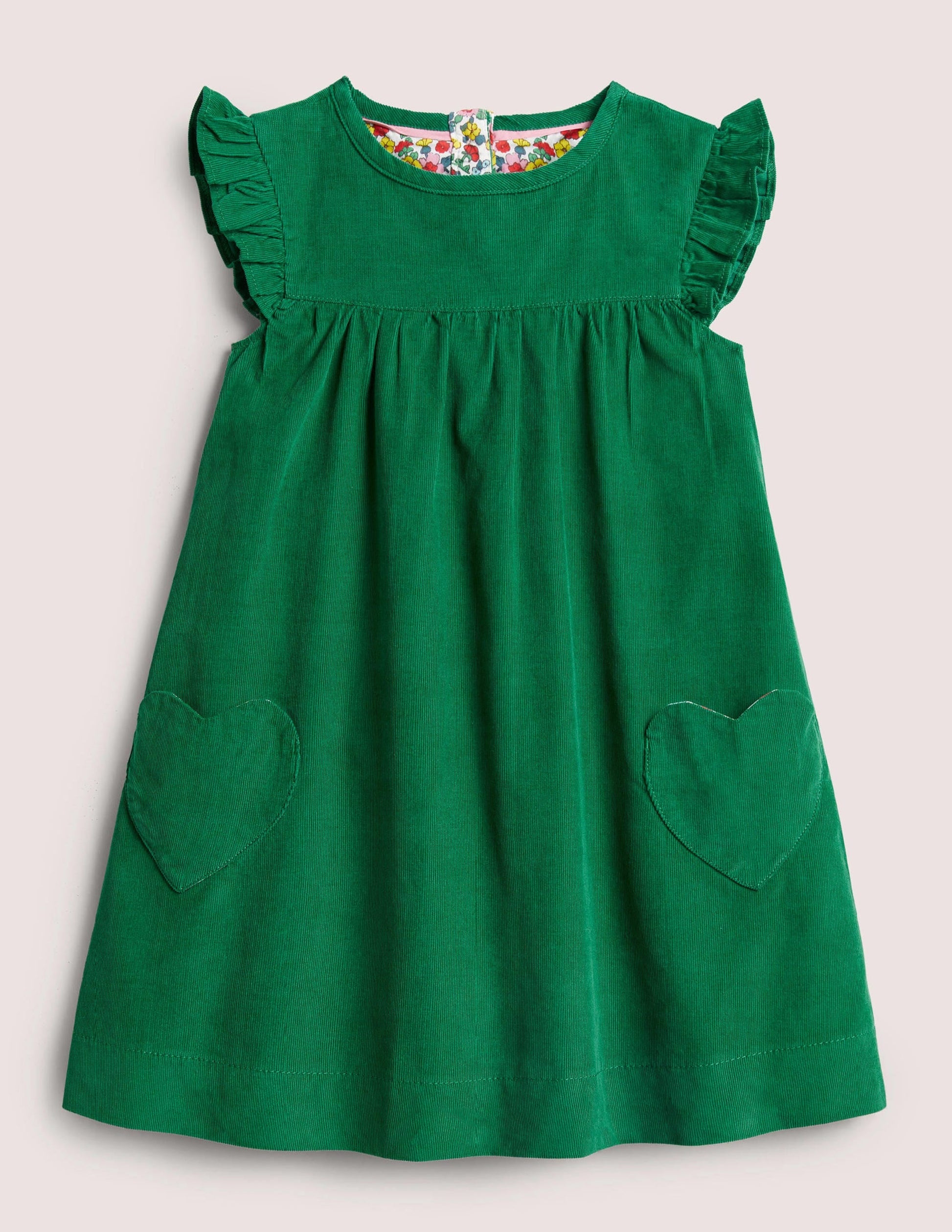 Green Love Heart Frill Sleeve Cord Dress-Olive Green-1