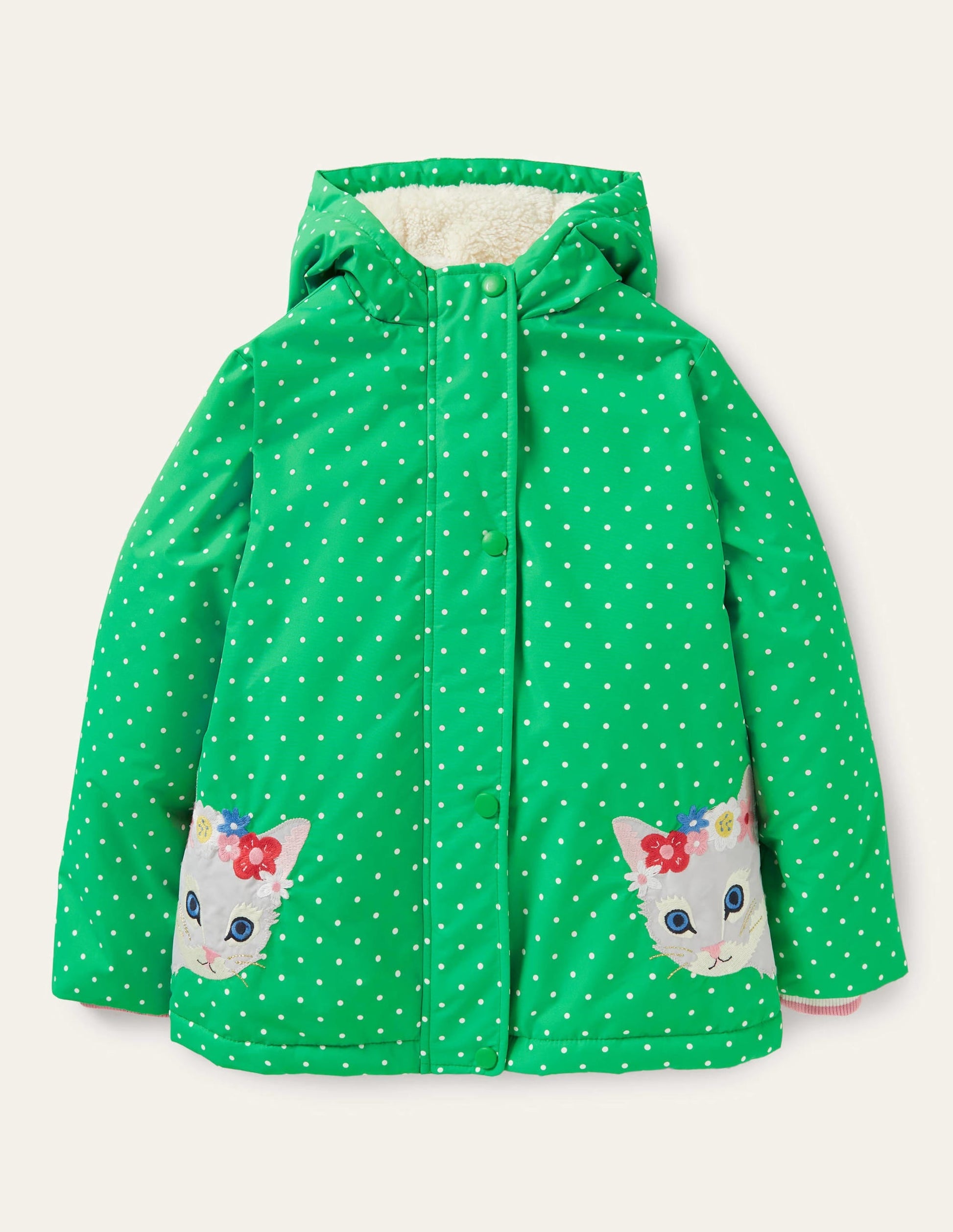 Green Polka Dot Sherpa Lined Anorak-Aloe Green Pin Spot Cats-1
