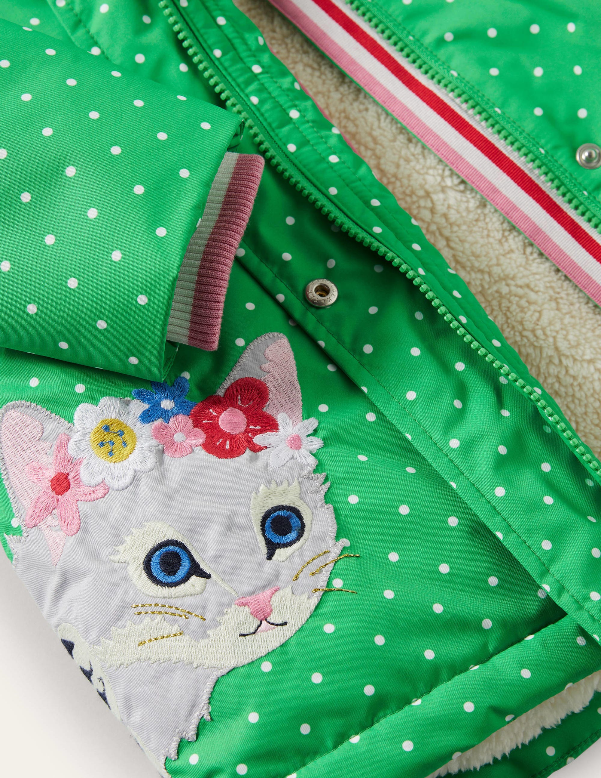 Green Polka Dot Sherpa Lined Anorak-Aloe Green Pin Spot Cats - Image 3