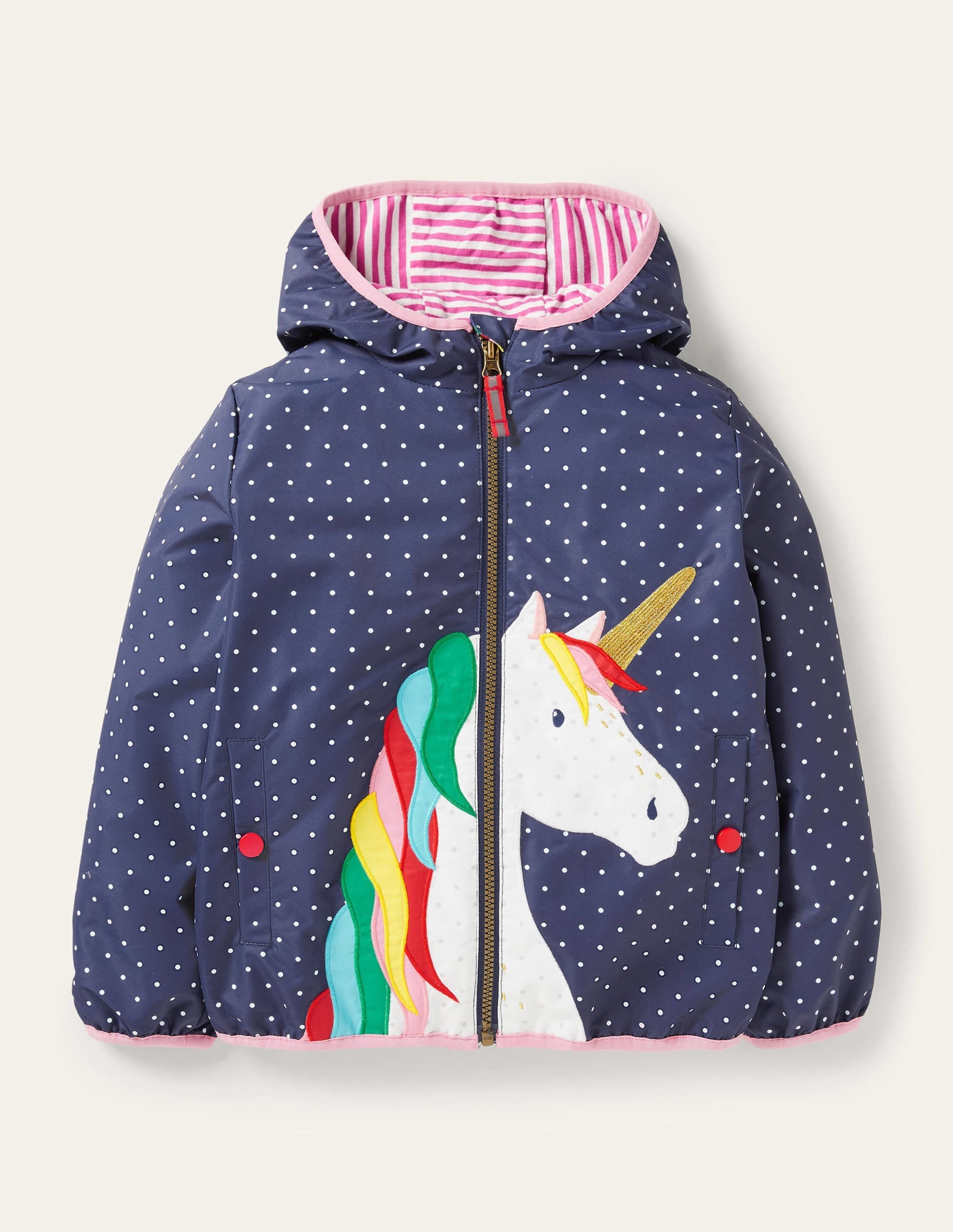 Navy Polka Dot Unicorn Rain Jacket-College Navy Pin Spot Unicorn - Image 1