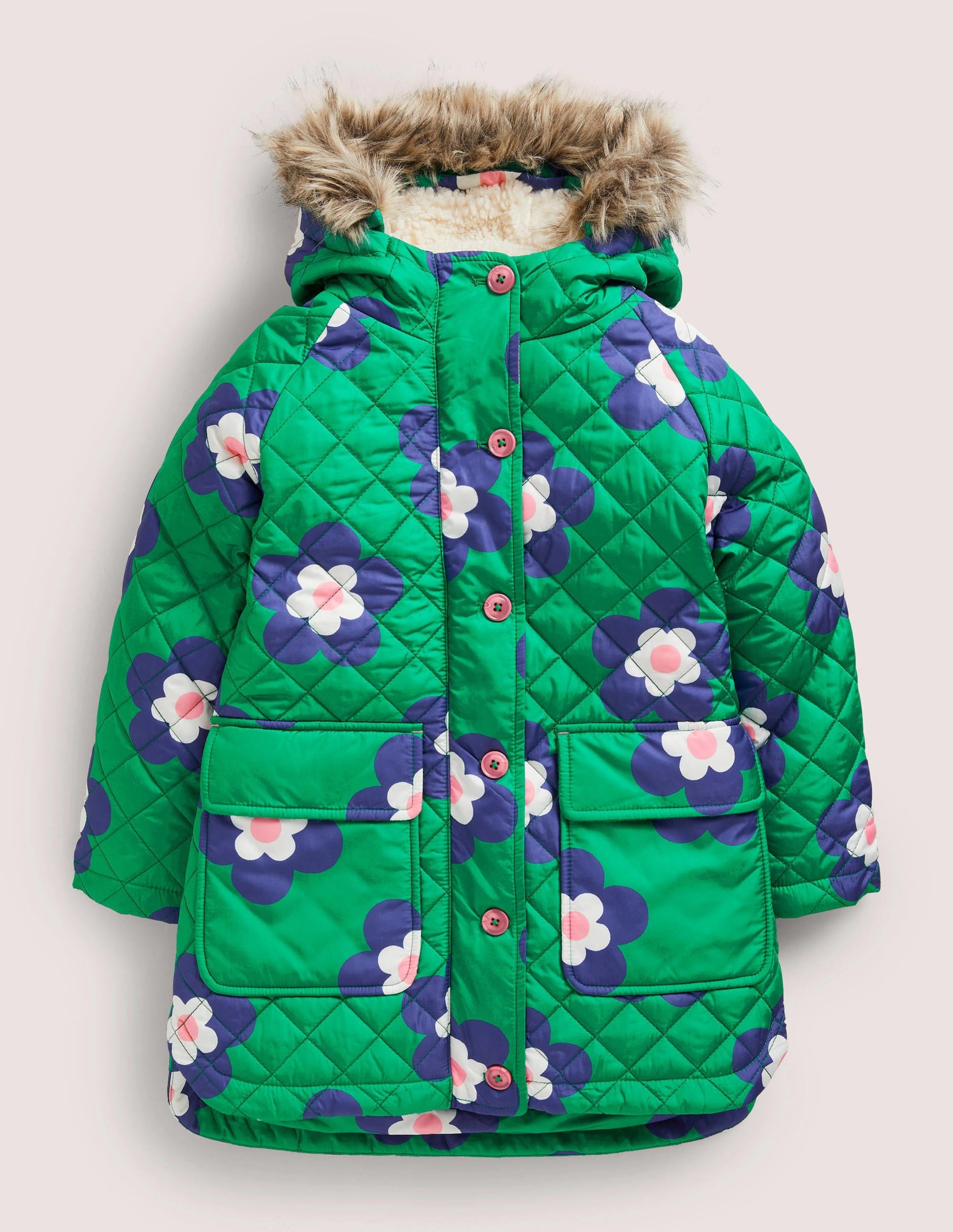 Green Floral Longline Quilted Jacket-Green Daisy Geo-1