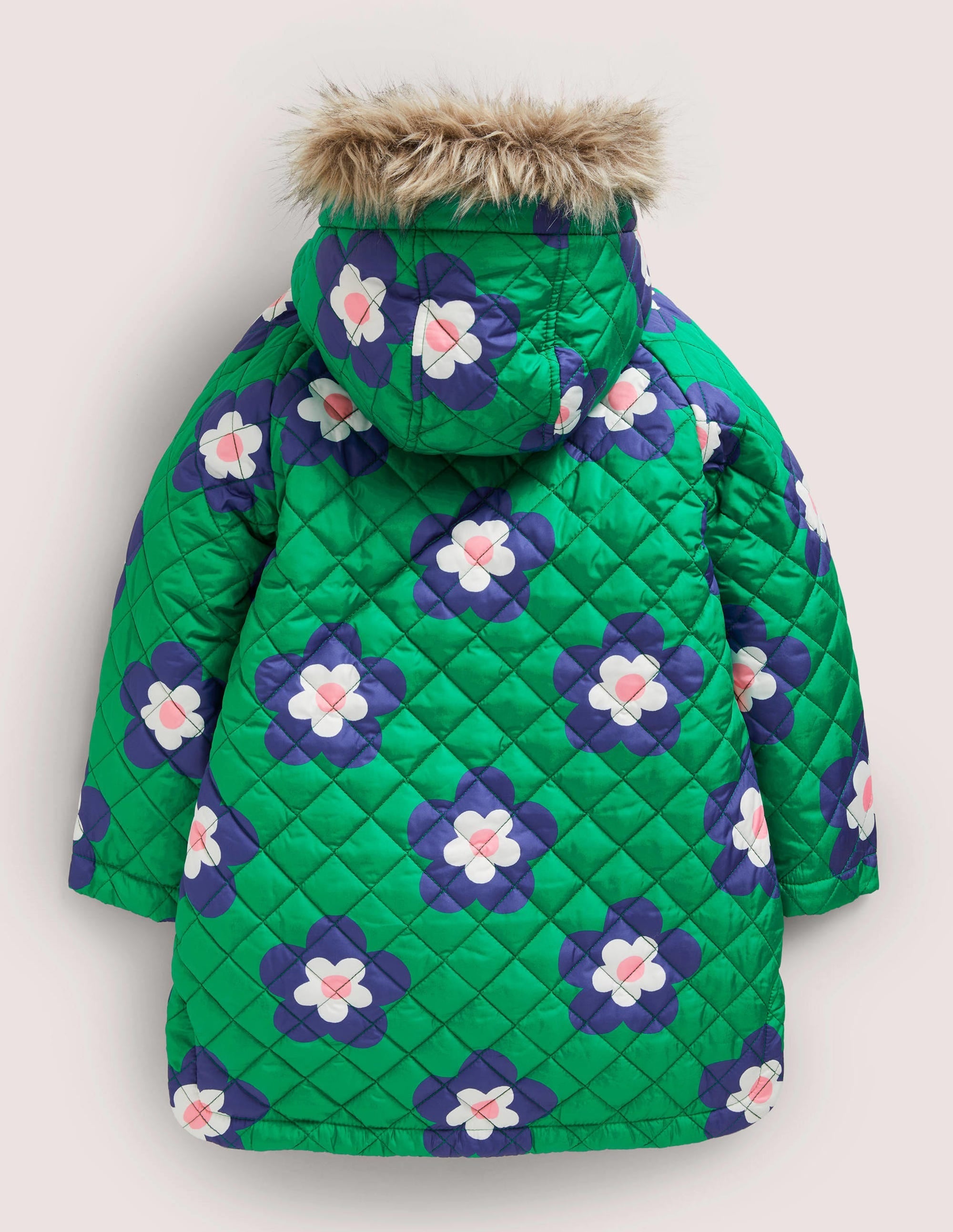 Green Floral Longline Quilted Jacket-Green Daisy Geo - Image 2