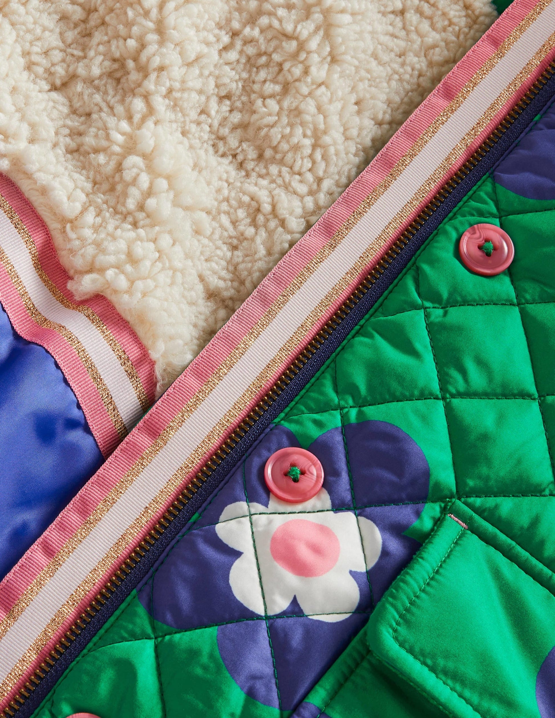 Green Floral Longline Quilted Jacket-Green Daisy Geo-3