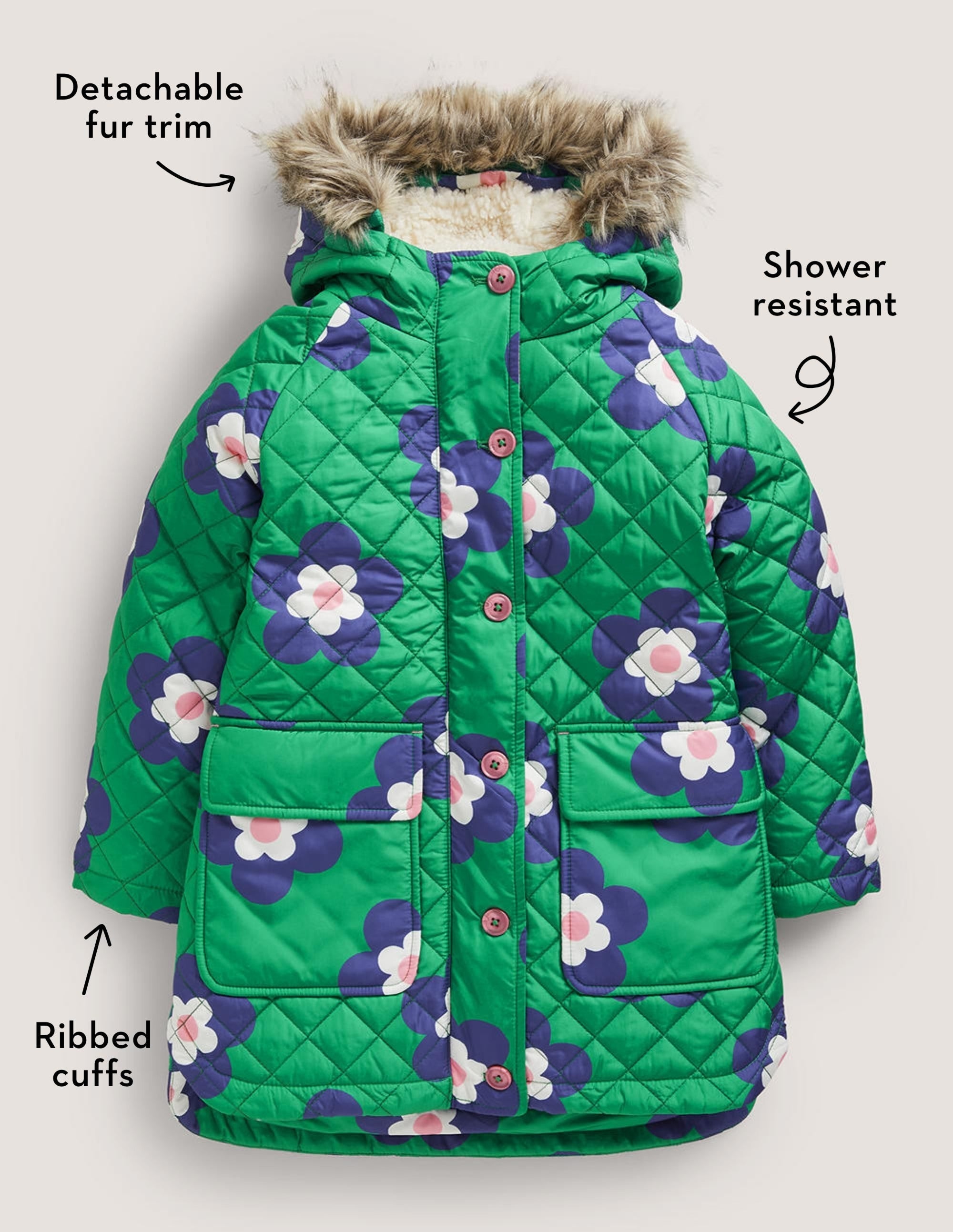 Green Floral Longline Quilted Jacket-Green Daisy Geo - Image 5