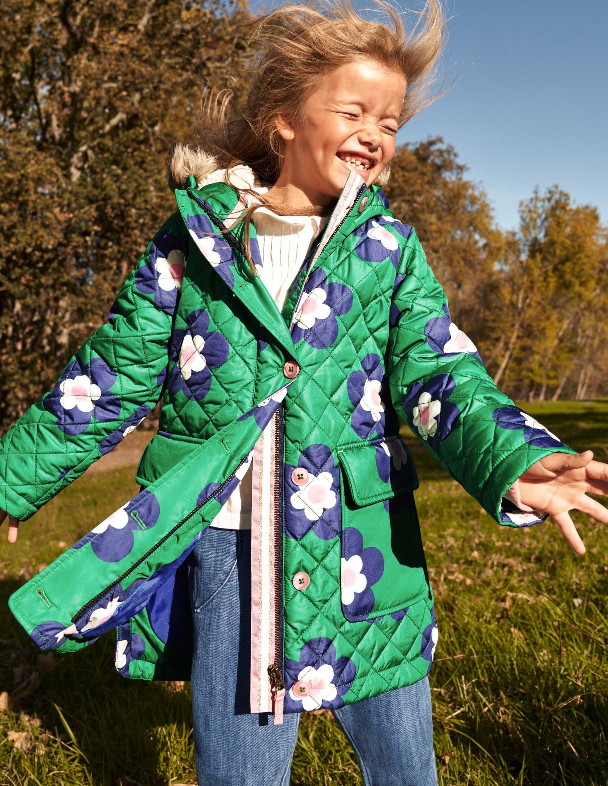 Green Floral Longline Quilted Jacket-Green Daisy Geo-7