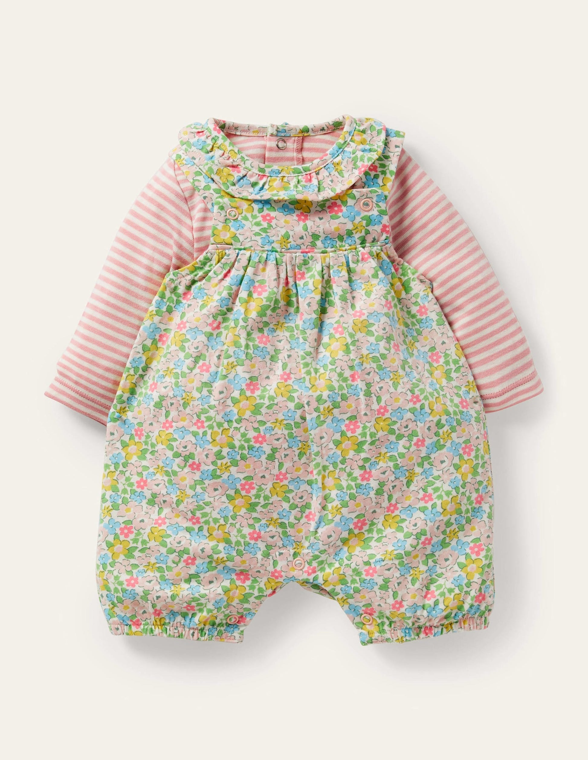 GOTS Organic Dungaree Set-Aqua Spring Floral-1