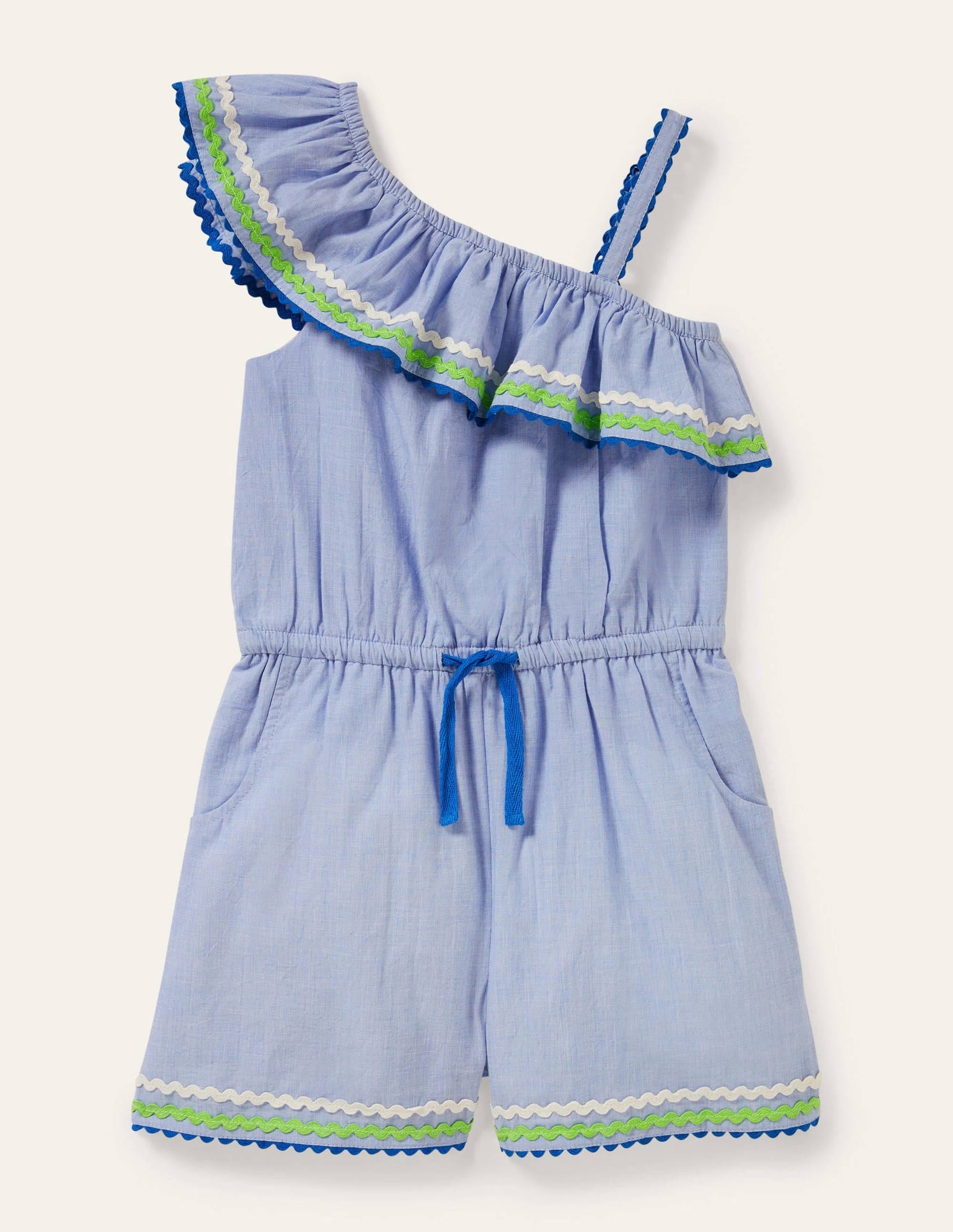 One Shoulder Ric Rac Playsuit-Chambray-1
