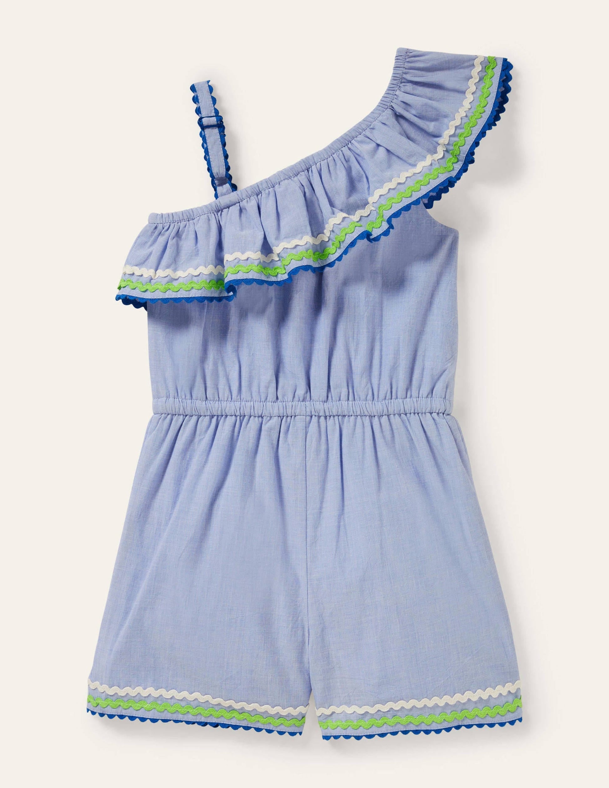 One Shoulder Ric Rac Playsuit-Chambray-2