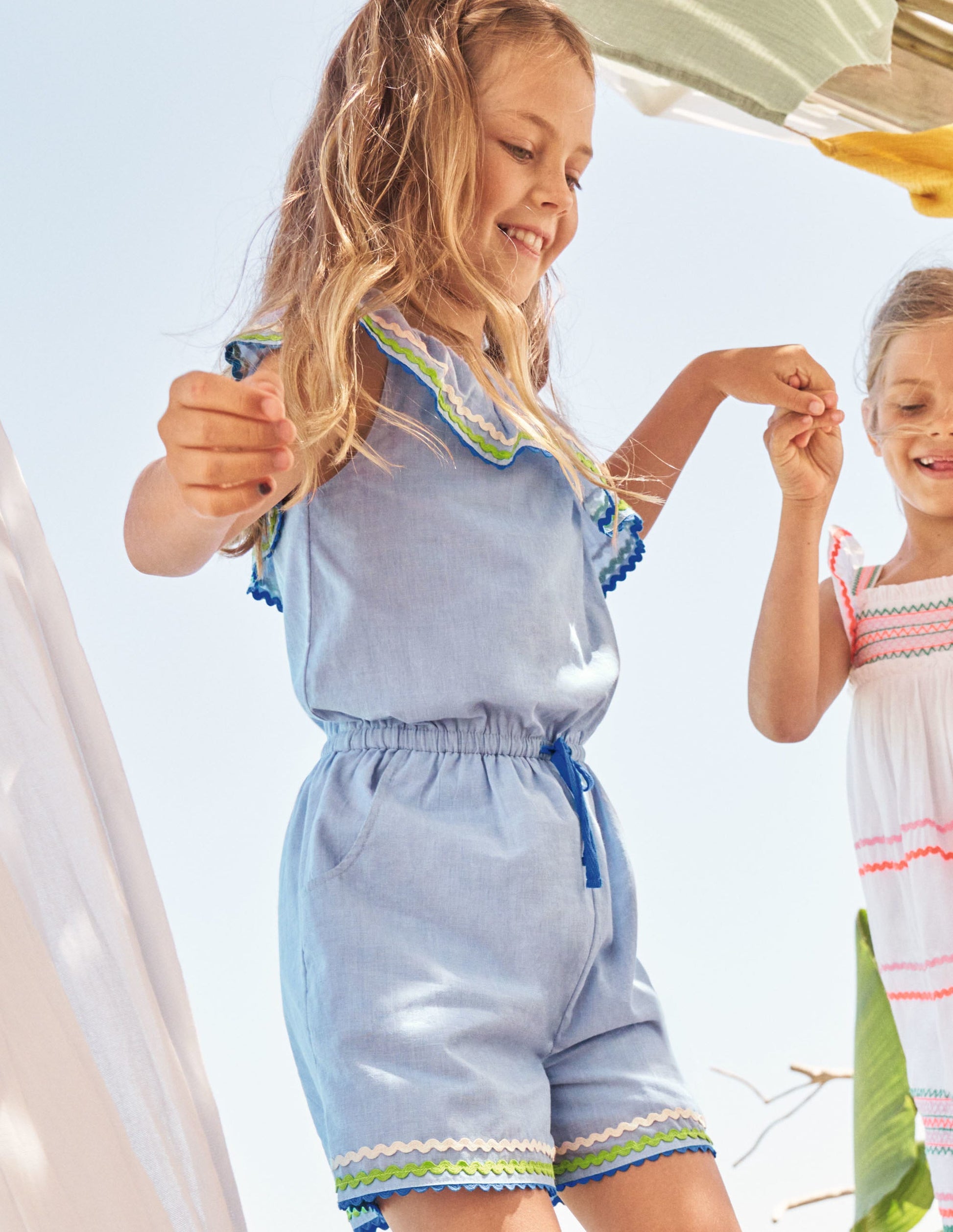 One Shoulder Ric Rac Playsuit-Chambray-6