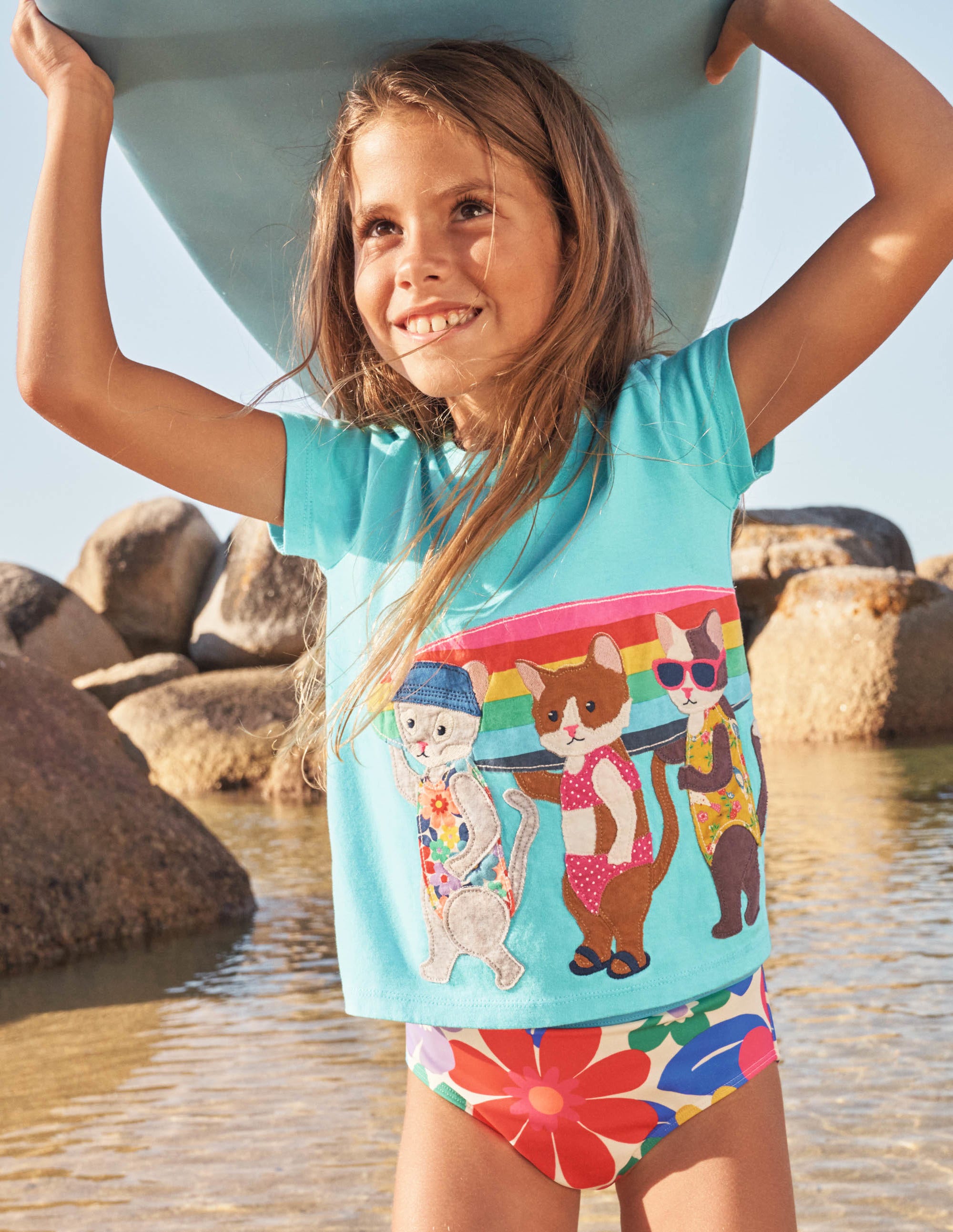 Short-sleeved Appliqué T-shirt-Turquoise Surfing Cats - Image 4