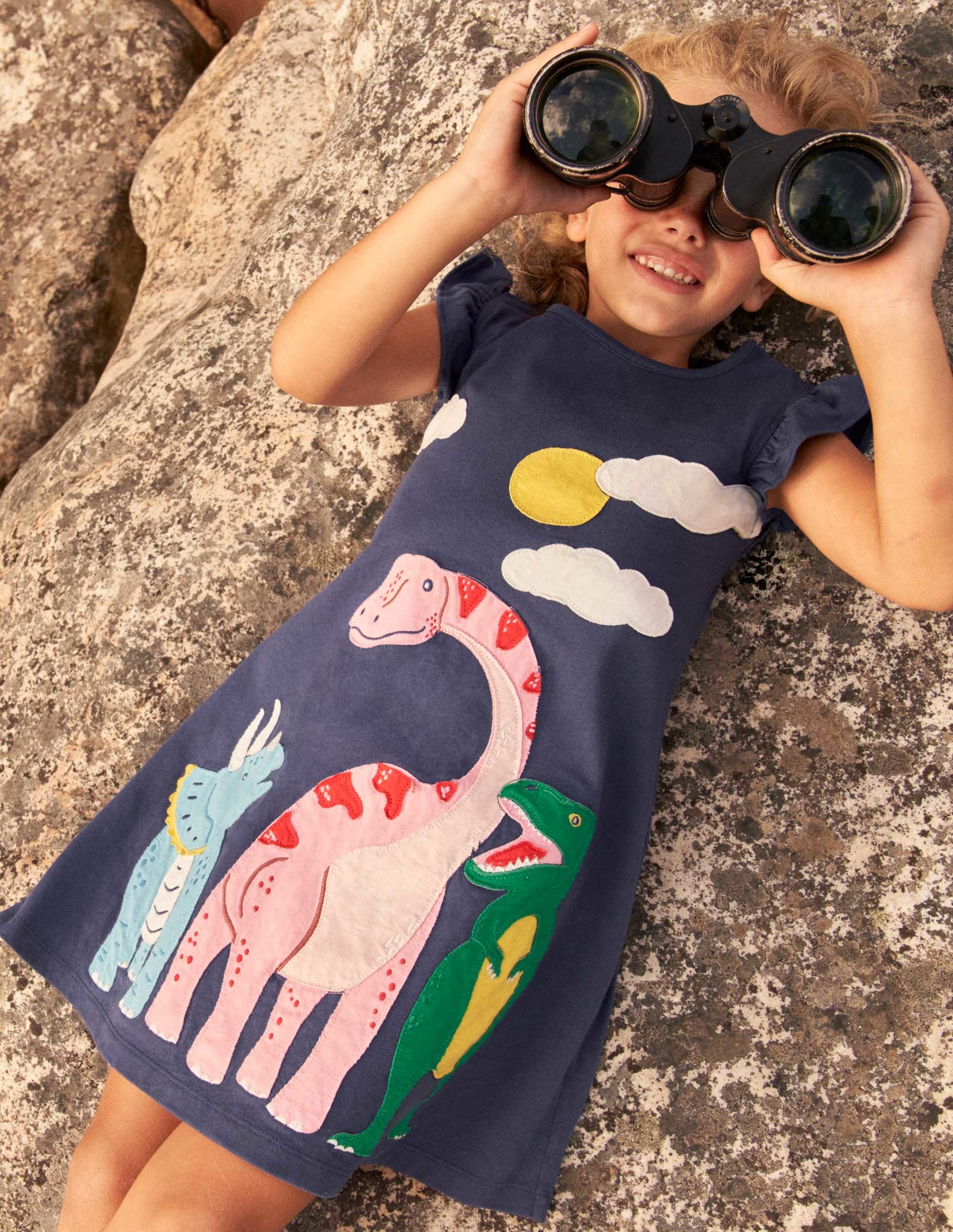 Frill Sleeve Appliqué Dress-Starboard Navy Dinosaurs - Image 5