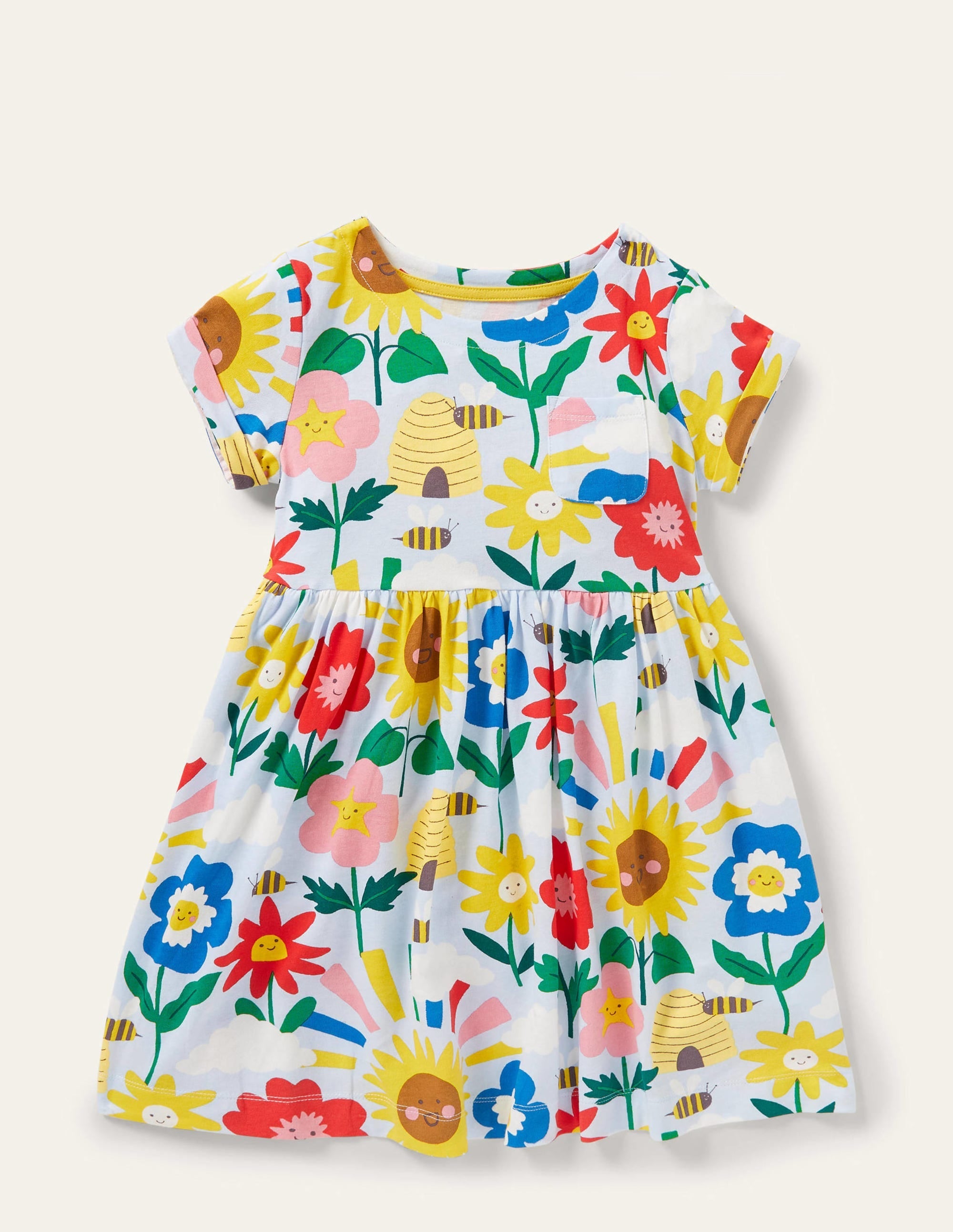 Short Sleeve Fun Jersey Dress-Provence Blue Happy Flowers - Image 1