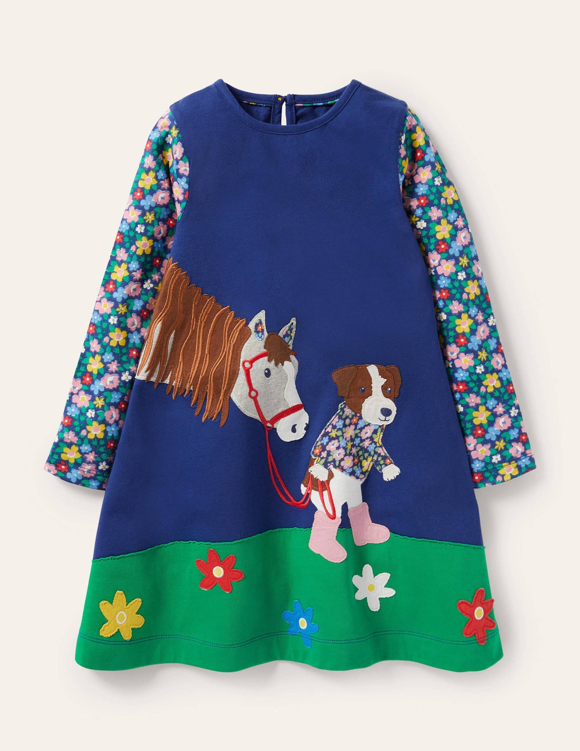 Long Sleeve Appliqué Dress-Starboard Blue Horse - Image 1