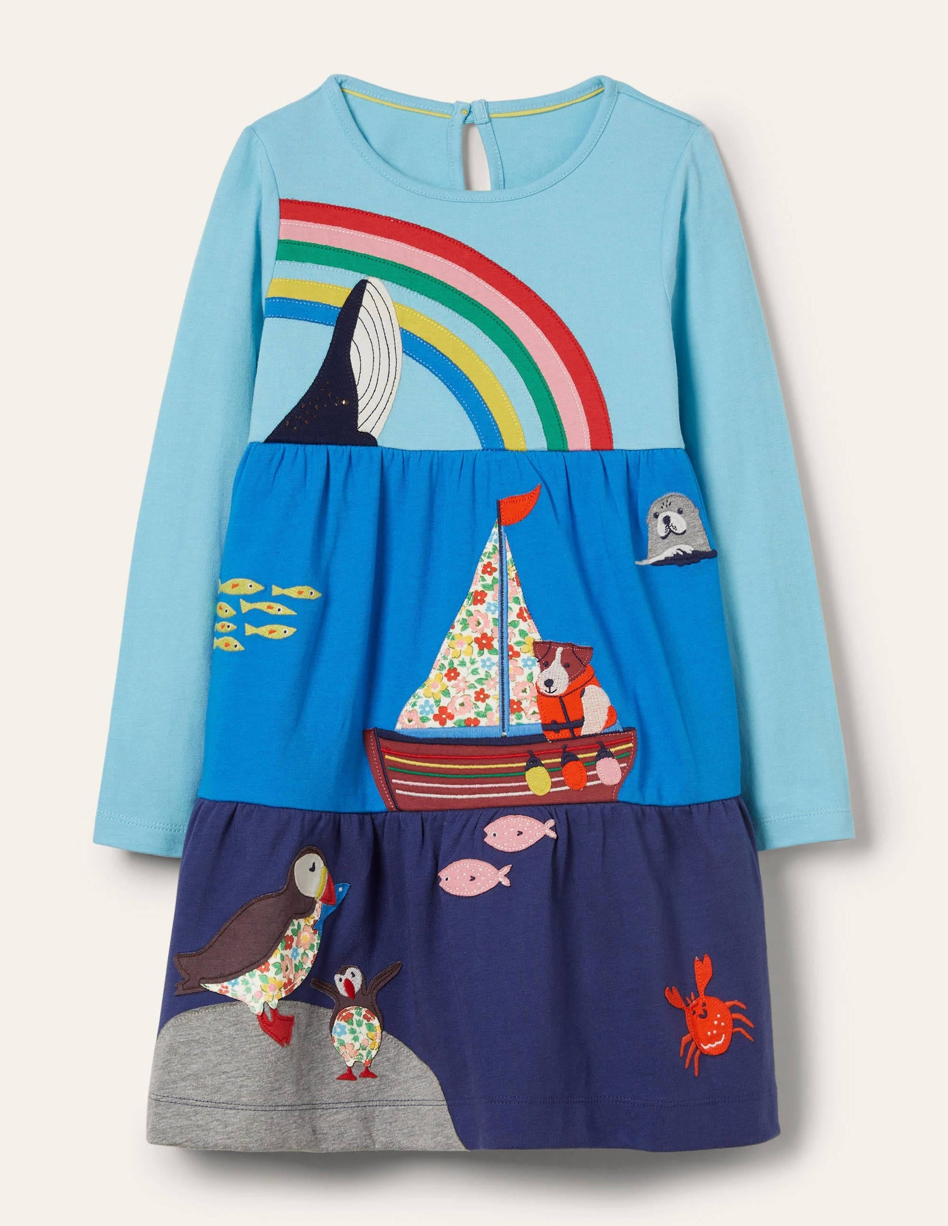Tiered Appliqué Dress-Aqua Blue Sea Scene-1