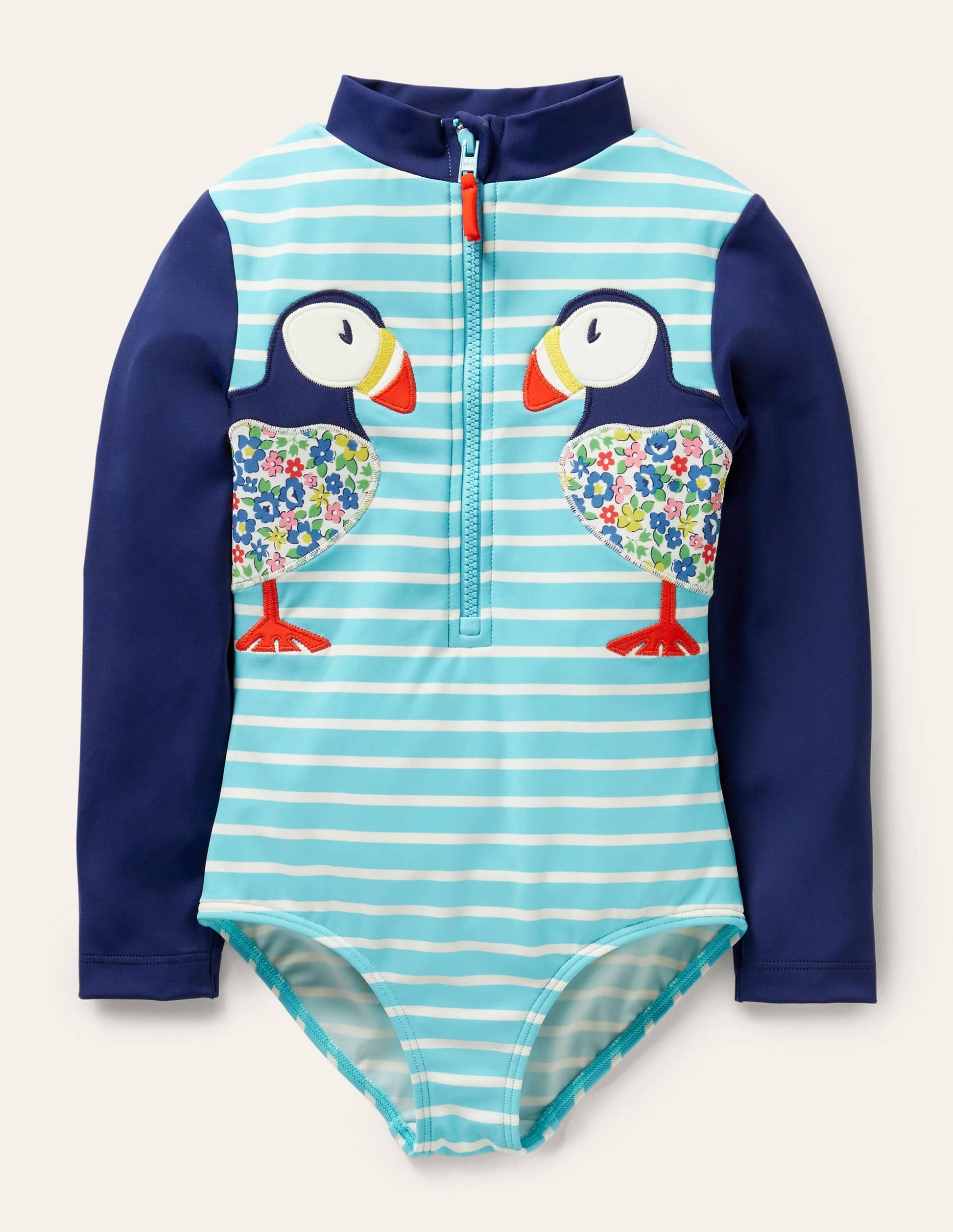 Long-sleeved Appliqué Swimsuit-Aqua/Ivory Puffins-1