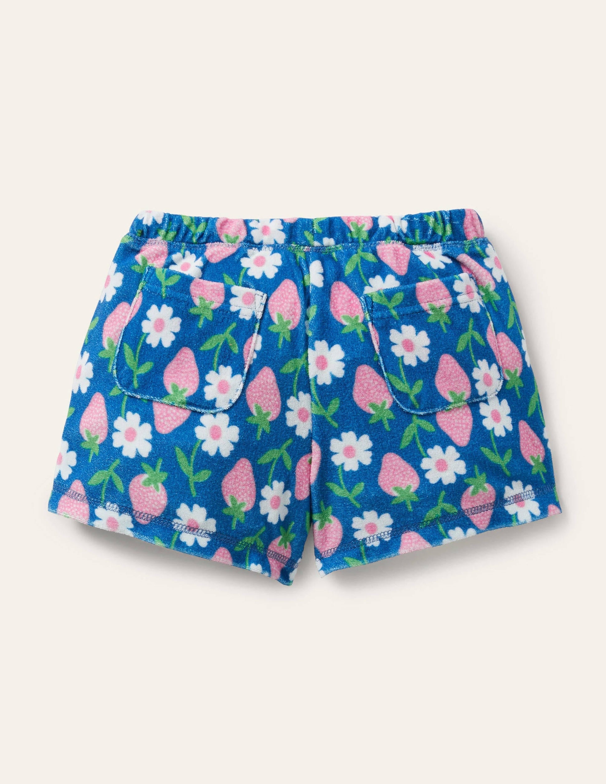 Blue Strawberry Print Towelling Shorts-Bright Marina Blue Strawberry-2