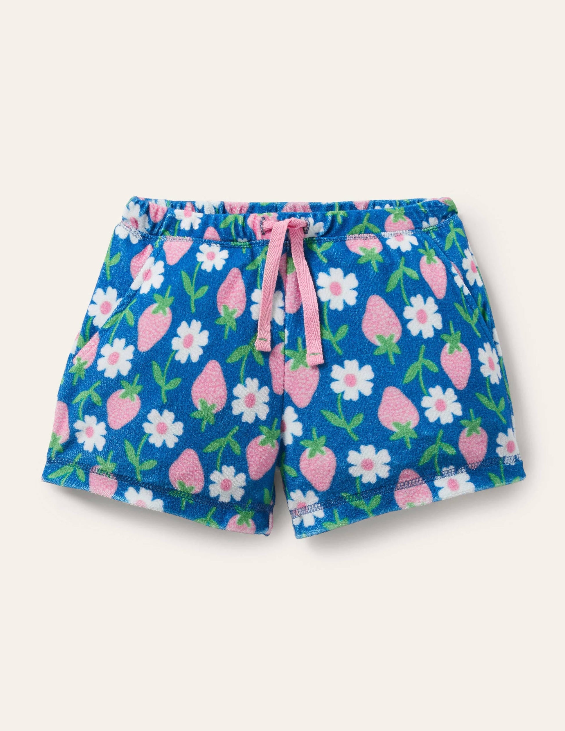 Blue Strawberry Print Towelling Shorts-Bright Marina Blue Strawberry-1