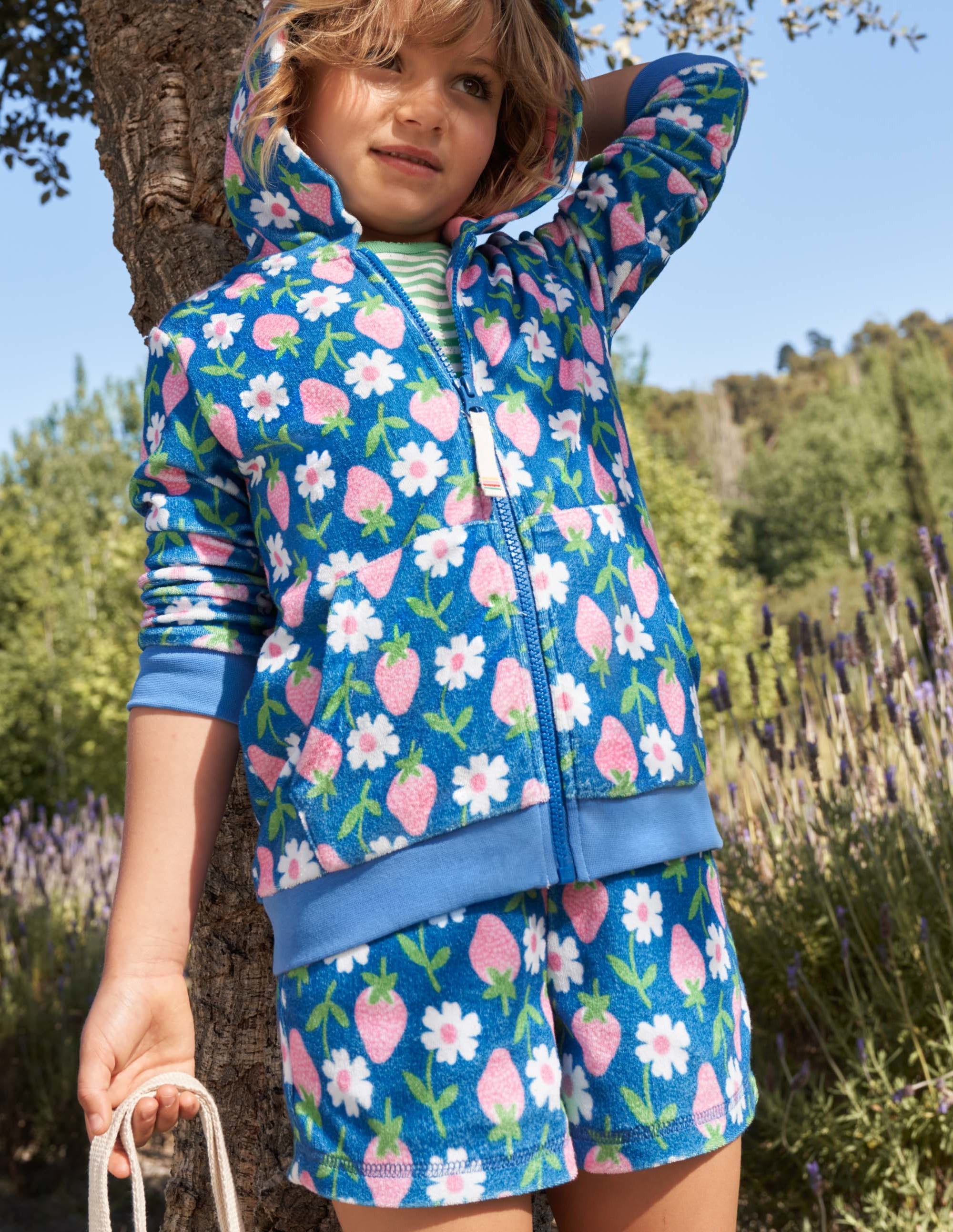 Blue Strawberry Print Towelling Shorts-Bright Marina Blue Strawberry - Image 4