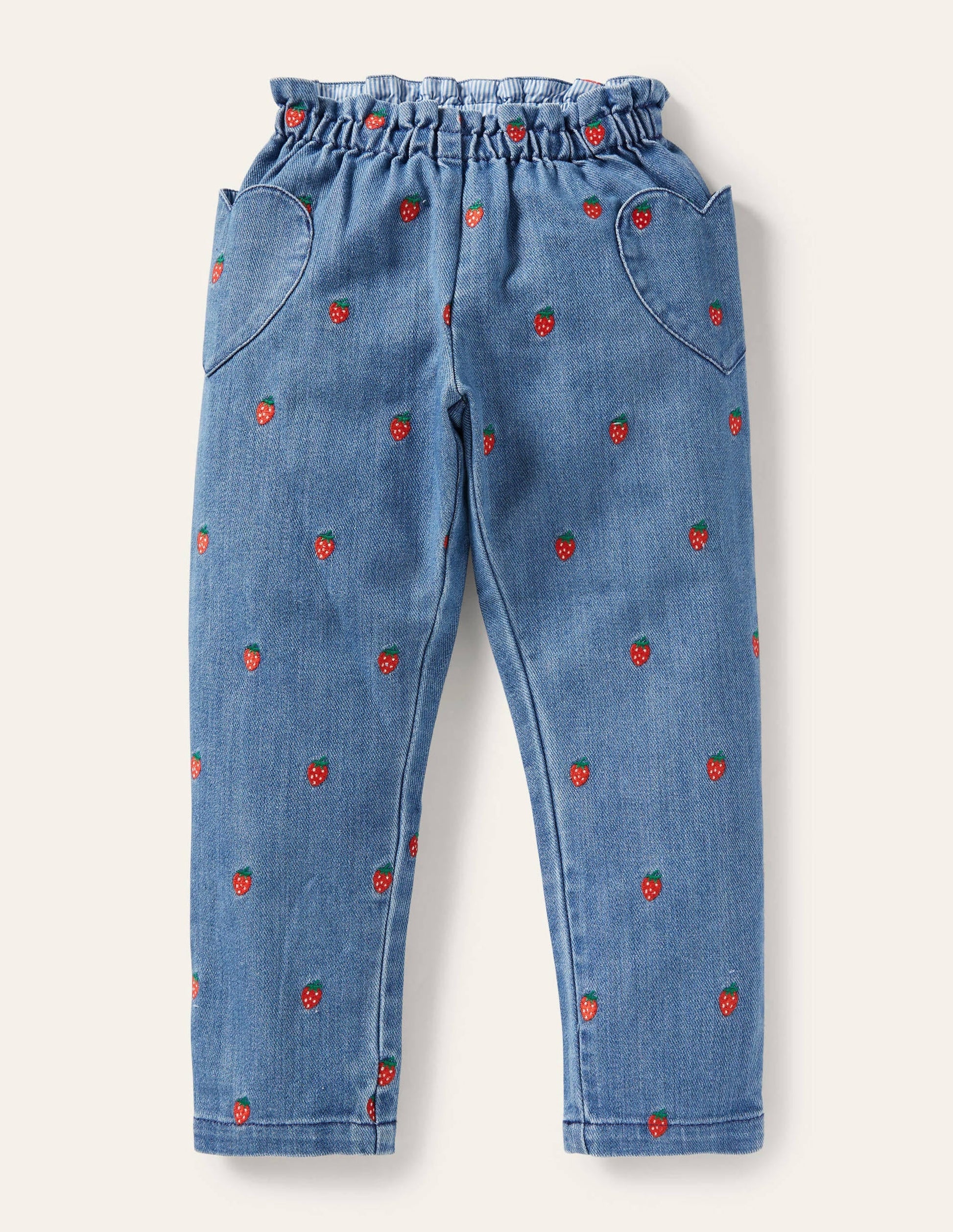 Strawberry Pull-on Denim Trousers-Strawberry Embroidery-1