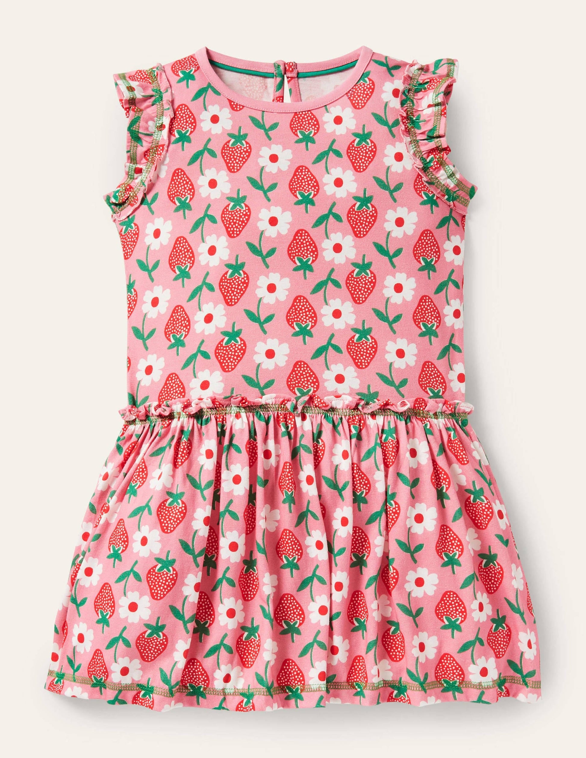 Frill Detail Jersey Dress-Pink Lemonade Strawberry Stamp-1