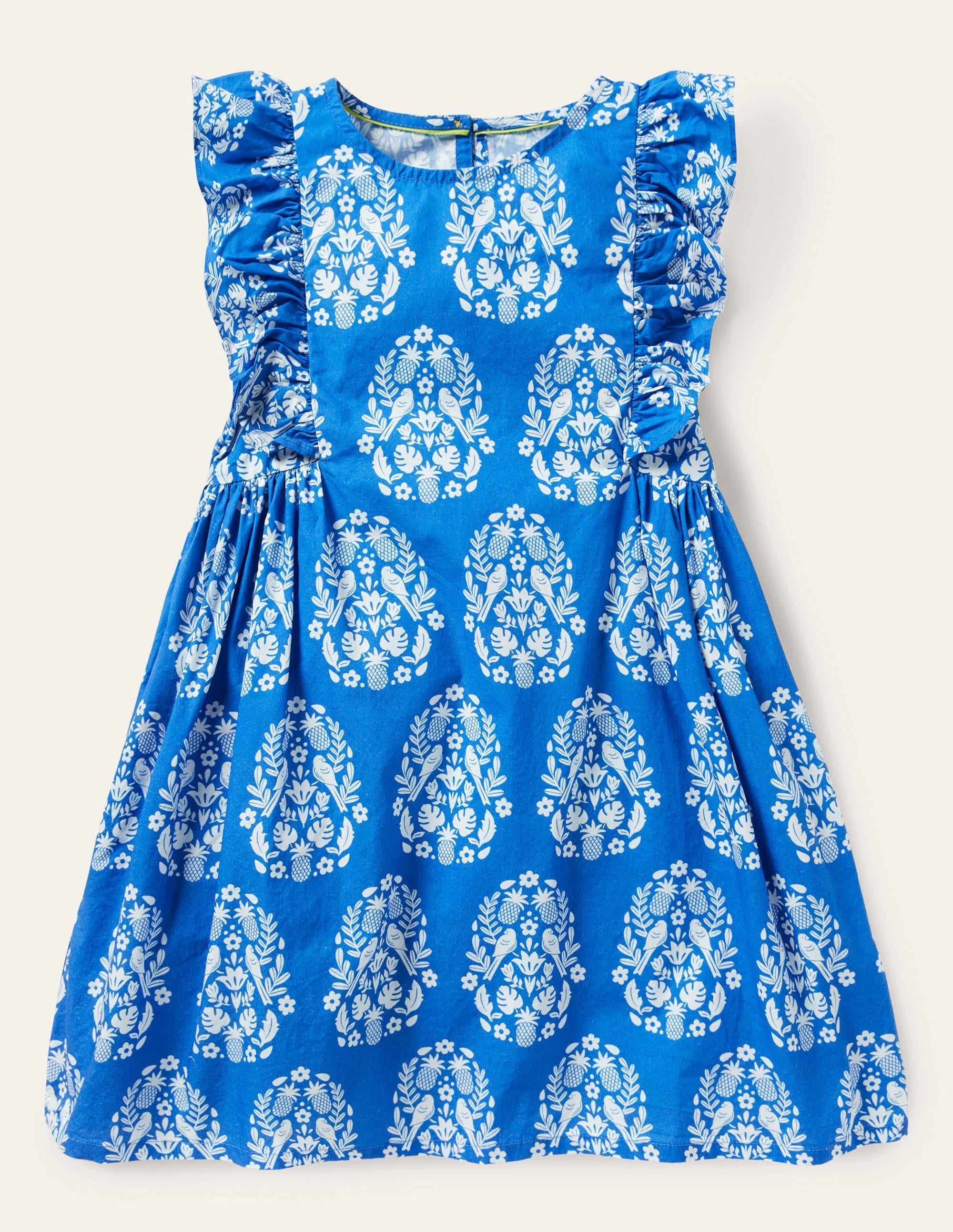 Frill Sleeve Printed Dress-Bright Marina Blue Woodblock - Image 1