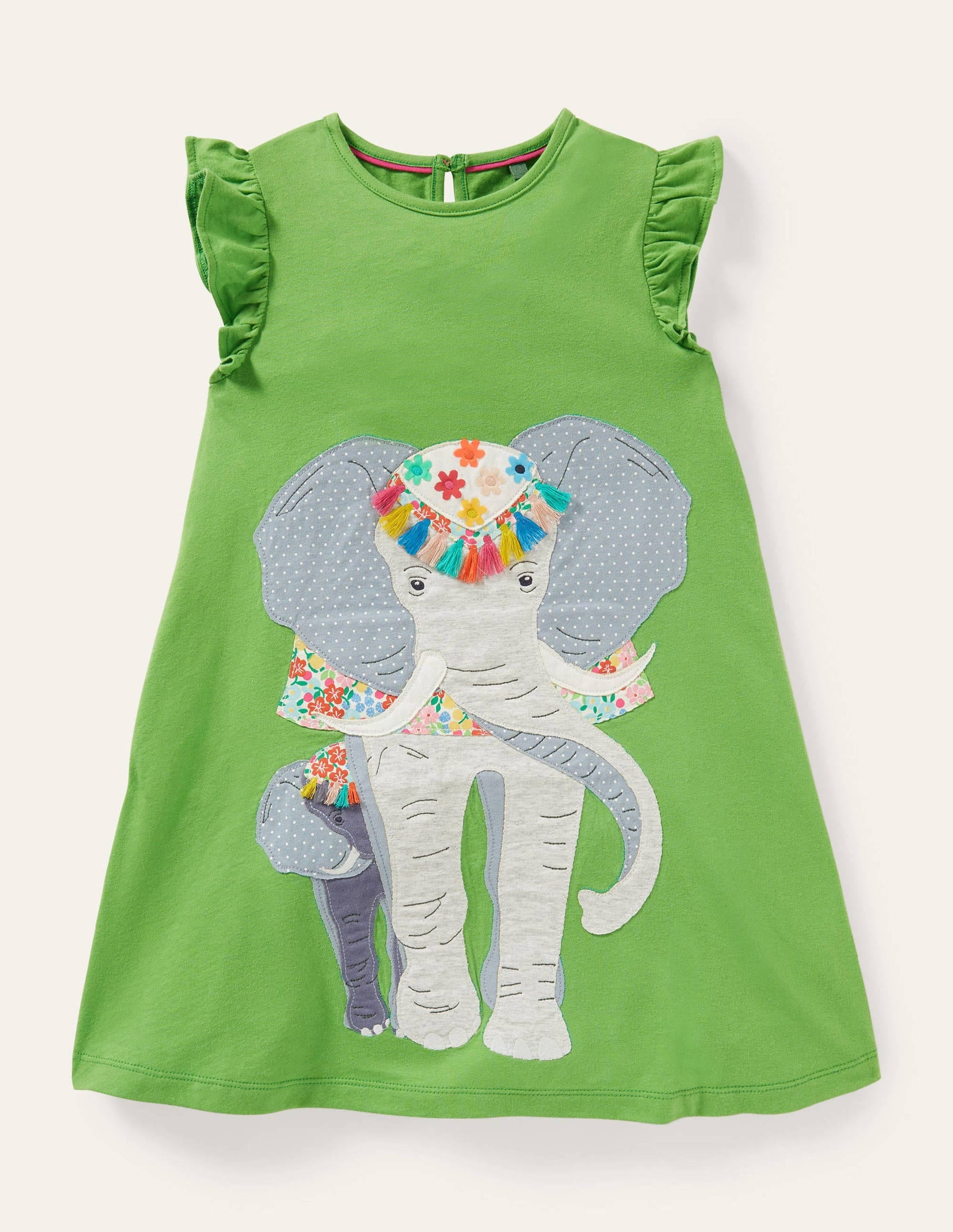 Frill Sleeve Appliqué Dress-Greenfinch Elephant-1