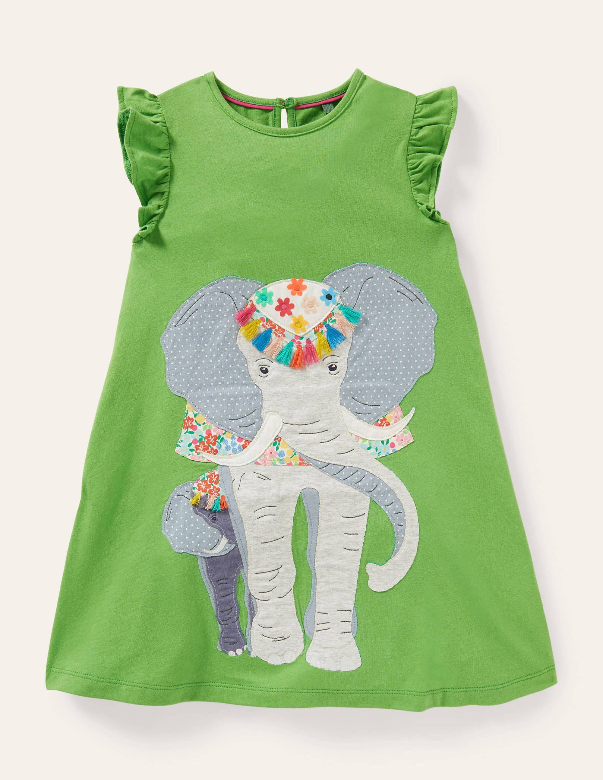 Frill Sleeve Appliqué Dress-Greenfinch Elephant - Image 1