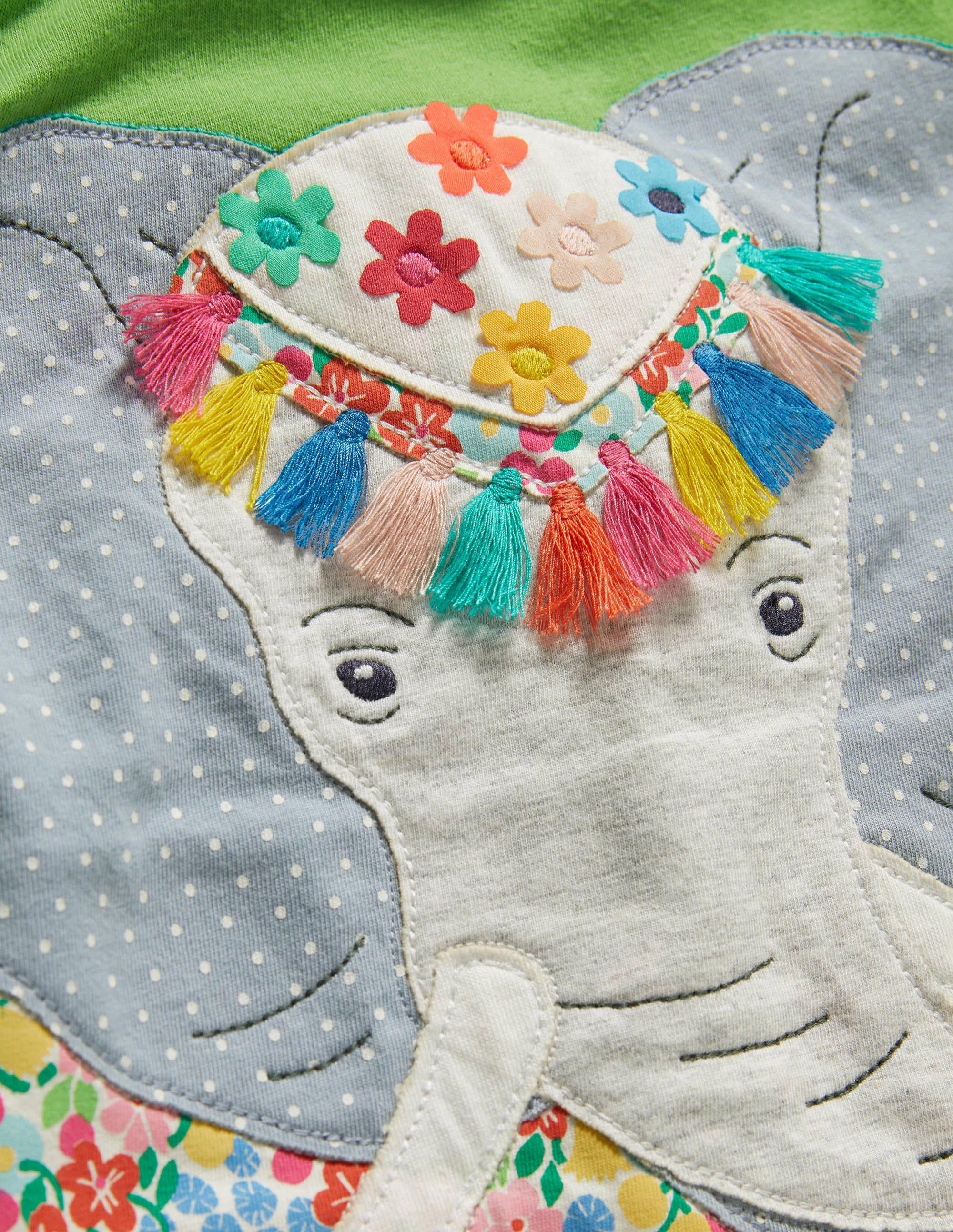 Frill Sleeve Appliqué Dress-Greenfinch Elephant - Image 3
